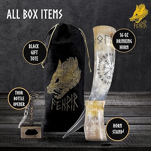 Miniatura 2 de FENRIR Cuerno vikingo de 16 onzas con abridor de soporte para cerveza Ale Mead, regalo para hombres y mujeres, 100% auténtico, hecho a mano, acabado