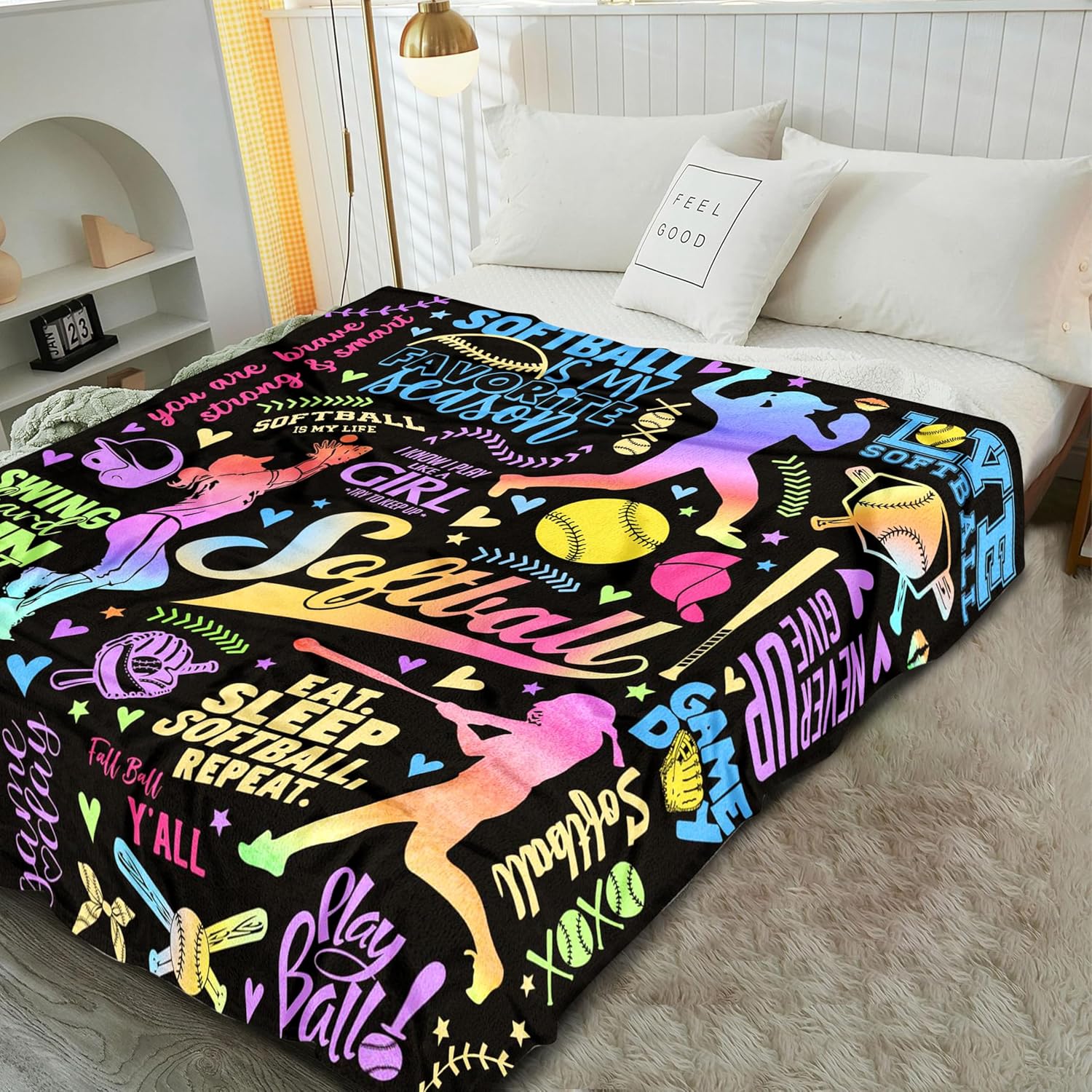 Softball Blanket Gifts for Boys Girls, Softball Lovers Throw Blanket Super Soft Lightweight Travel Bed Sofa Blankets for Sport Fans Kids Adults Player Coach, 50 x 60 Inch