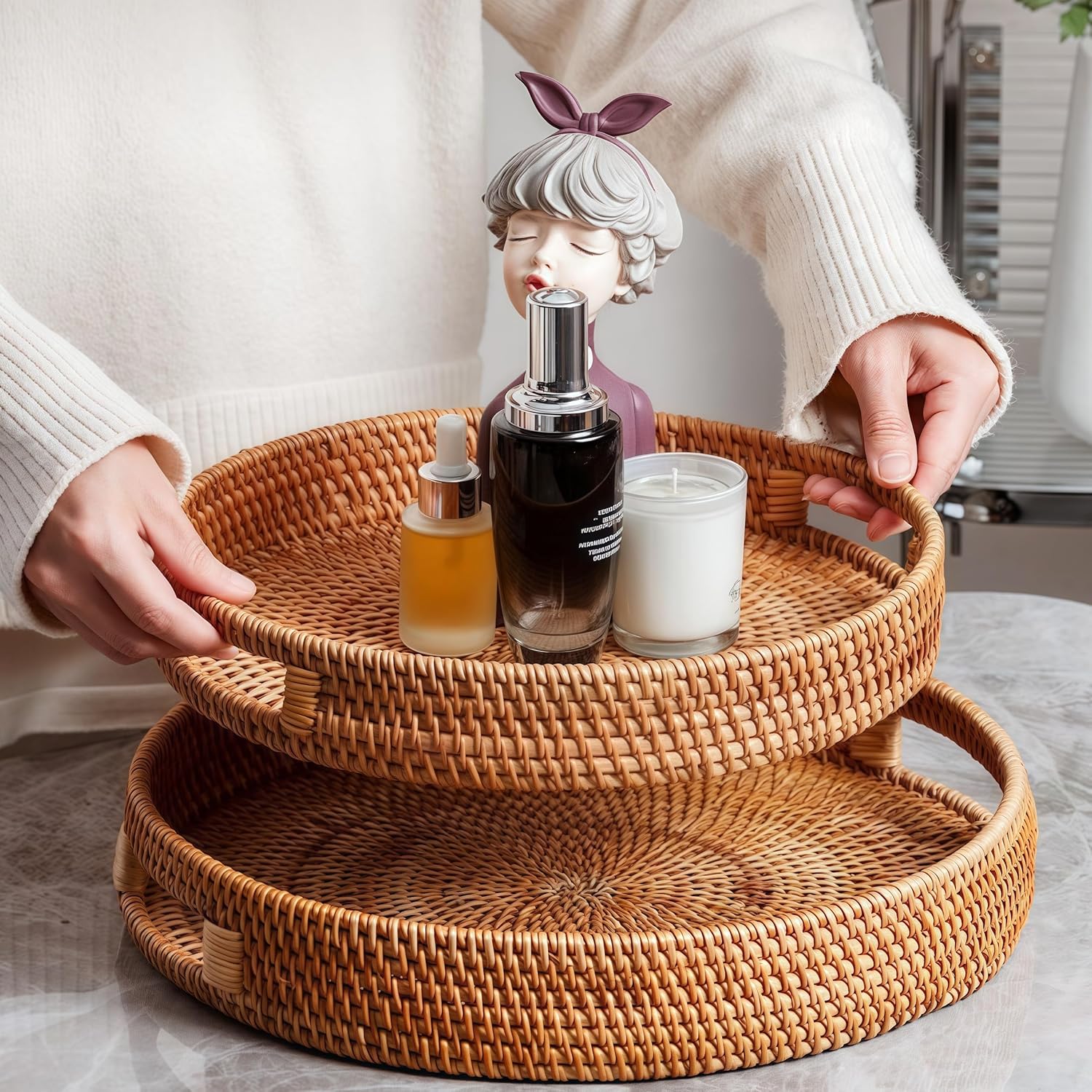 16.9" Round Rattan Tray, Hand Woven Serving Tray with Handles, Wicker Serving Basket, Decorative Tray for Home Decor, Natural - Image 5