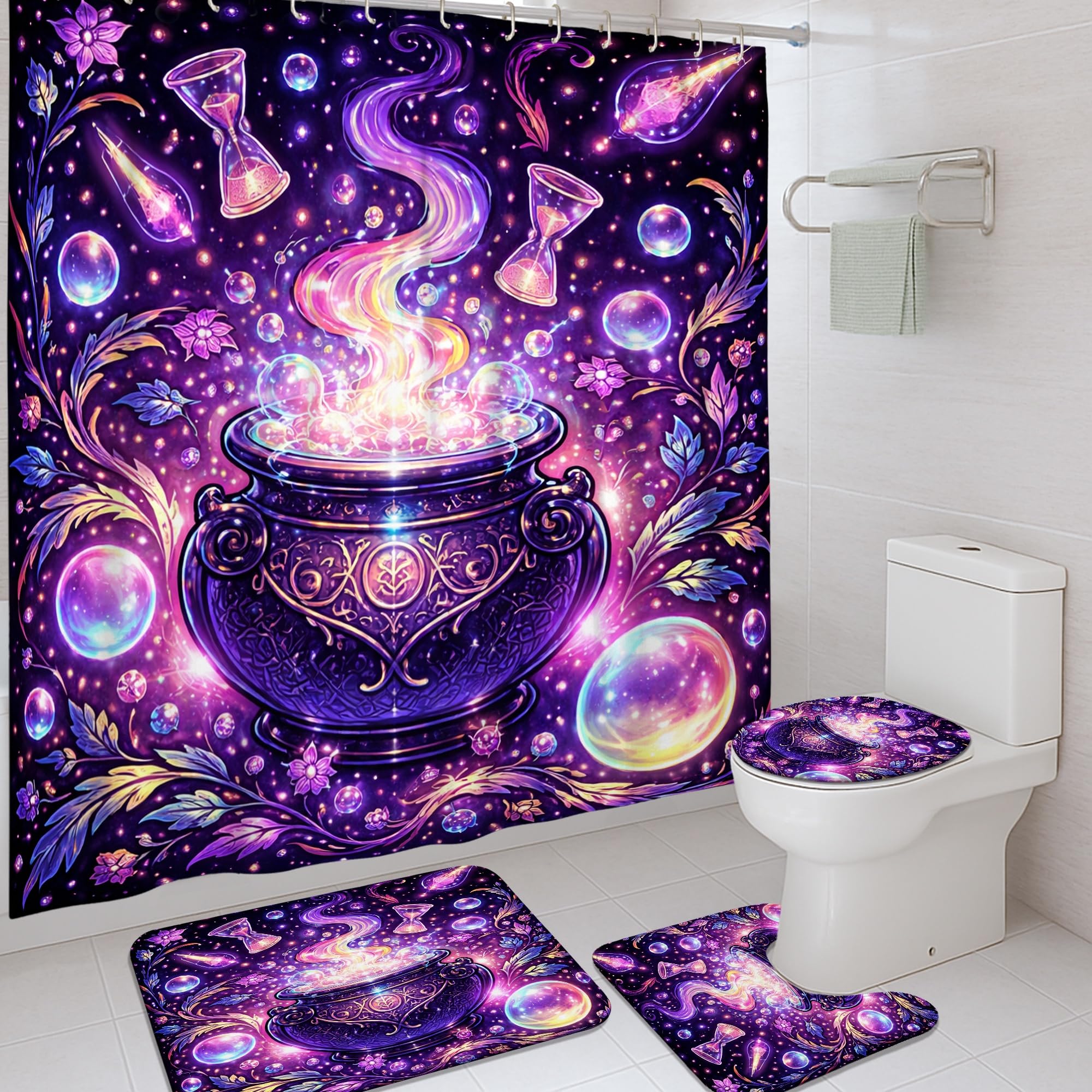 Rideau de douche chaudron Halloween violet lavable 183x183 cm pour une salle de bain fantastique