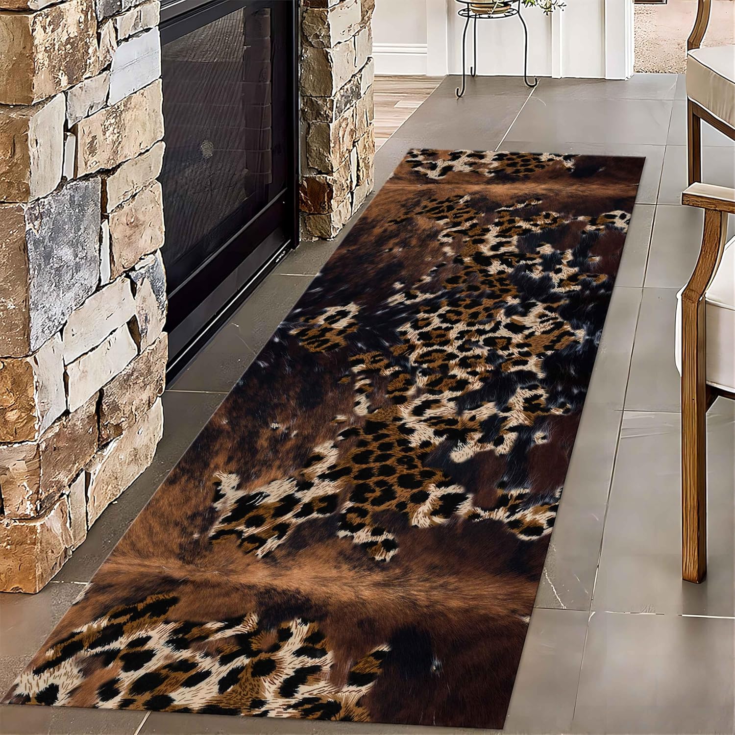 Animal Pattern Long Hallway Rug Runners, 2x10ft, Brown Leopard Print Floor Rugs, Wildlife Print Machine Washable Area Rug, Thin Cozy Low Pile Throw Carpet for Office Family Bedroom