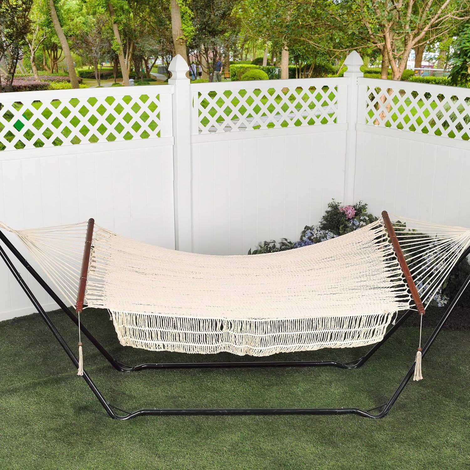 Bliss Hammocks BH-407W 48" Wide Island Rope Hammock w/Spreader Bars, S Hooks, & Chains, Outdoor, Poolside, Patio, Backyard Hammock, Eco Friendly Cotton Rope, 275 Lbs Capacity Natural
