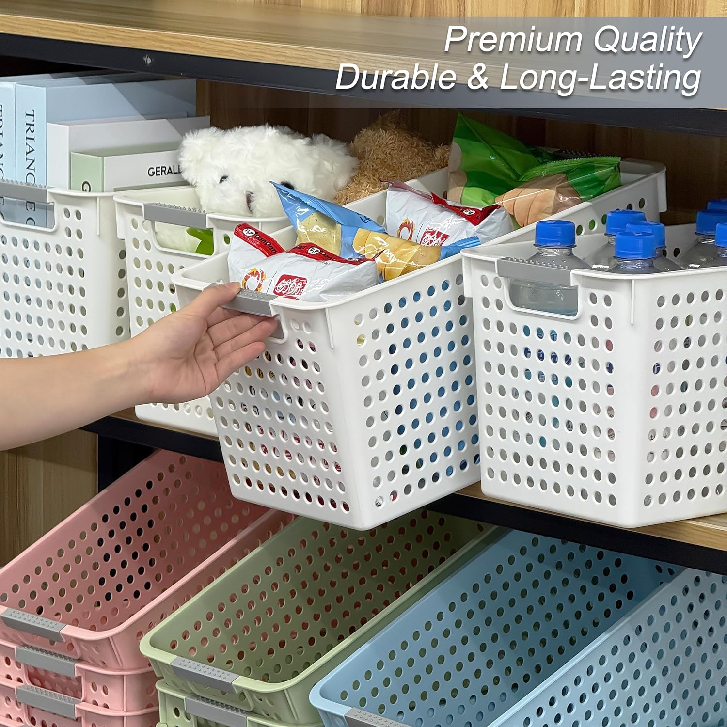Soddeph Slim Plastic Storage Basket with Handles, Narrow Organizer box for Shelves, Organizer box for Organizing, Kitchen,Home,Office (White, Large)