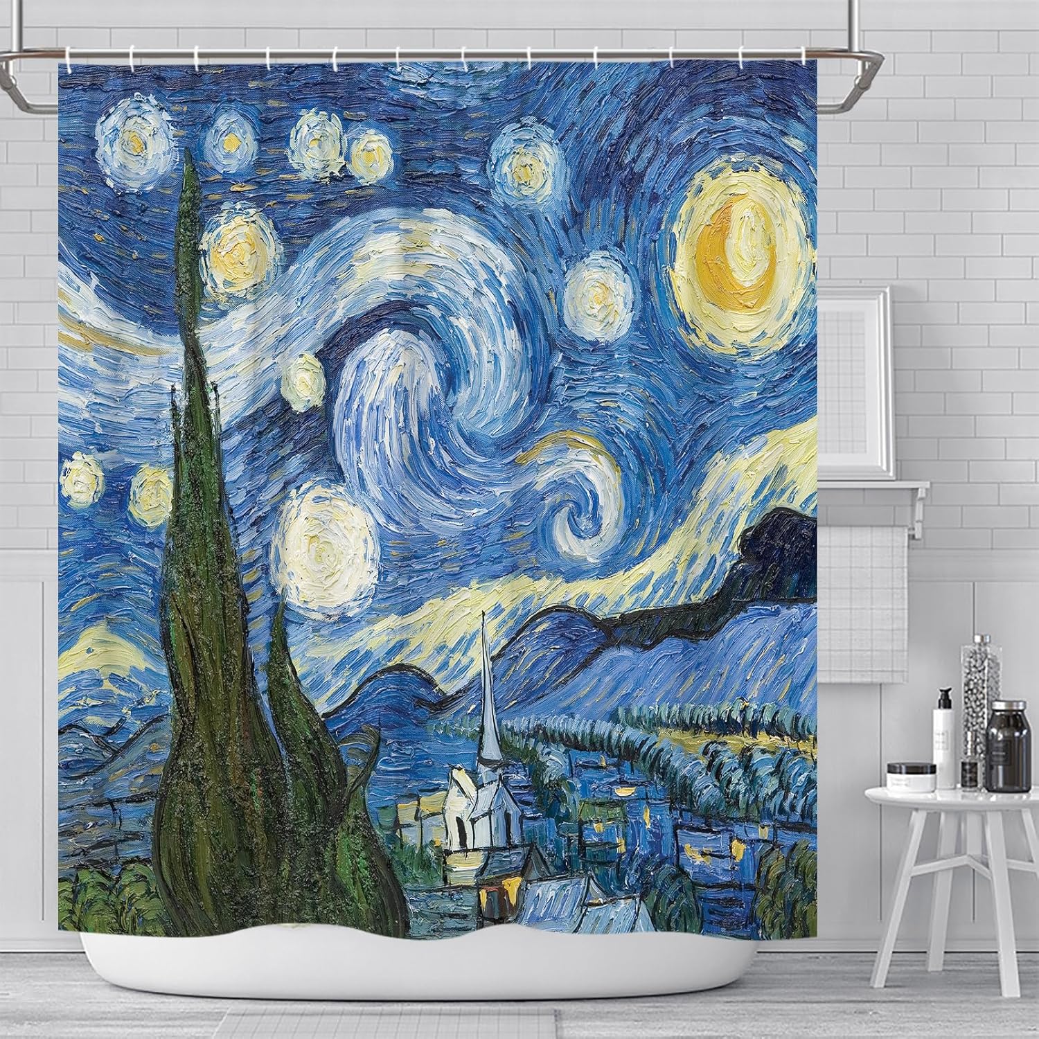 Oil Painting Style Shower Curtains, Starry Sky Moon Abstract Shower Curtain Set, Abstract Art Painting Bathroom Decor Polyester Fabric Curtain 94 x 70 Inch with Hooks