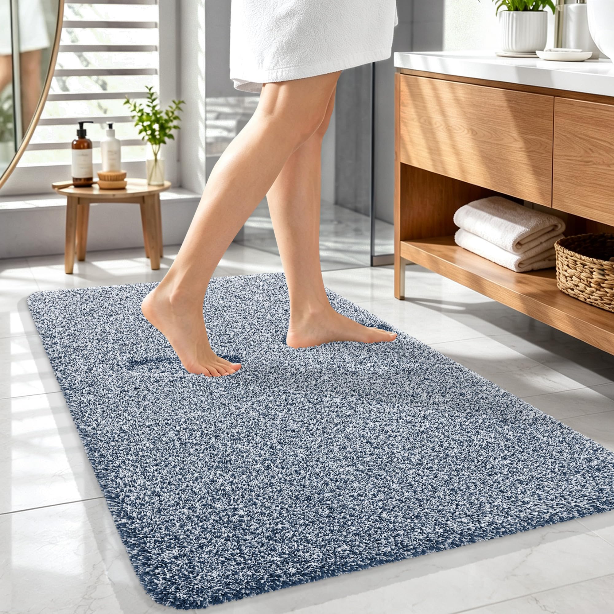 OLANLY Microfiber Bathroom Rugs 44x32, Quick Dry Bath Mat, Navy and White