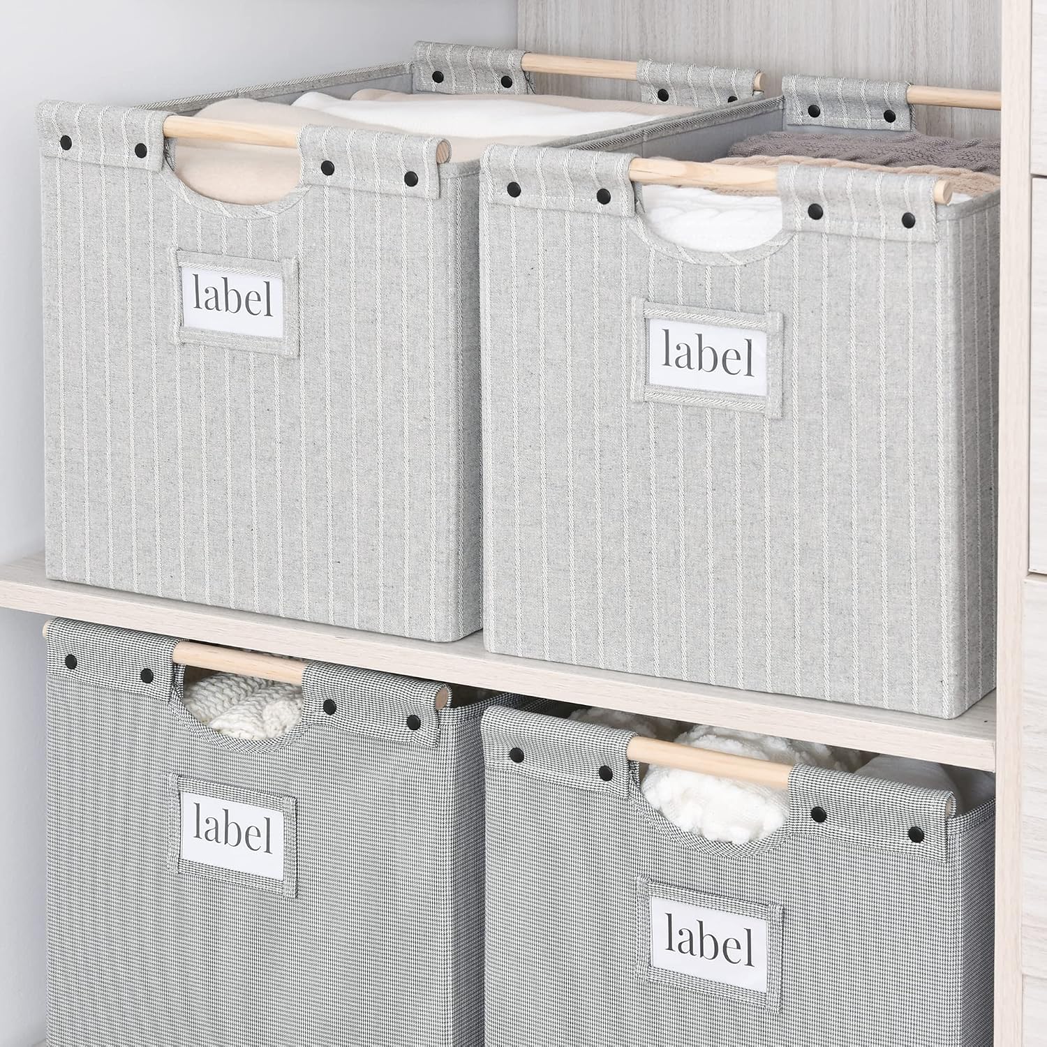 StorageWorks Closet Baskets, Decorative Storage Bins for Shelf, Fabric Baskets with Wooden handles, Gray Stripes, Jumbo, 2 Pack, 12 ¾" L x 15" W x 12 ¾" H