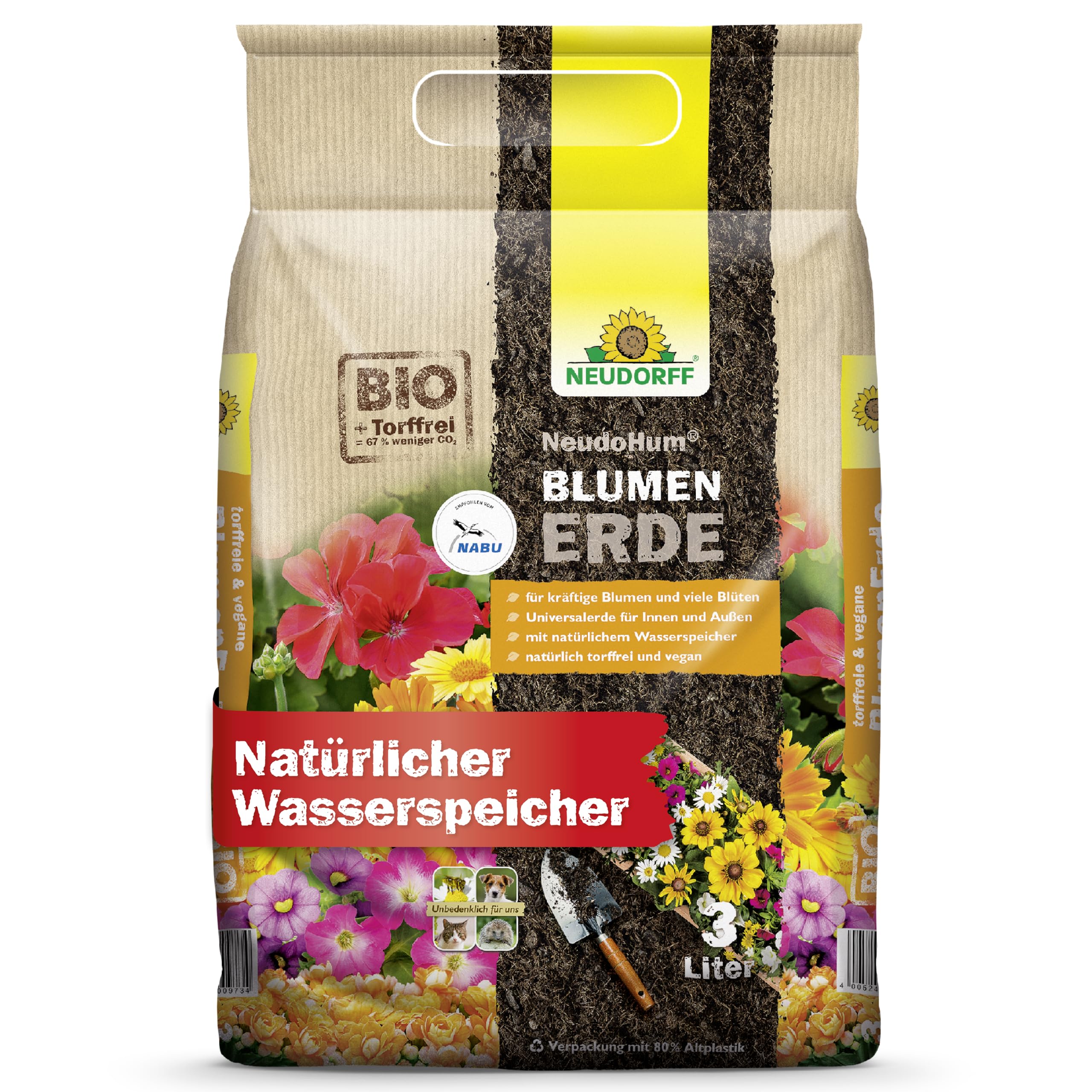 Neudorff NeudoHum BlumenErde 3L Bio - Torffreie Zimmerpflanzen Erde für Innen und Außen - fördert kräftige Blumen und viele Blüten