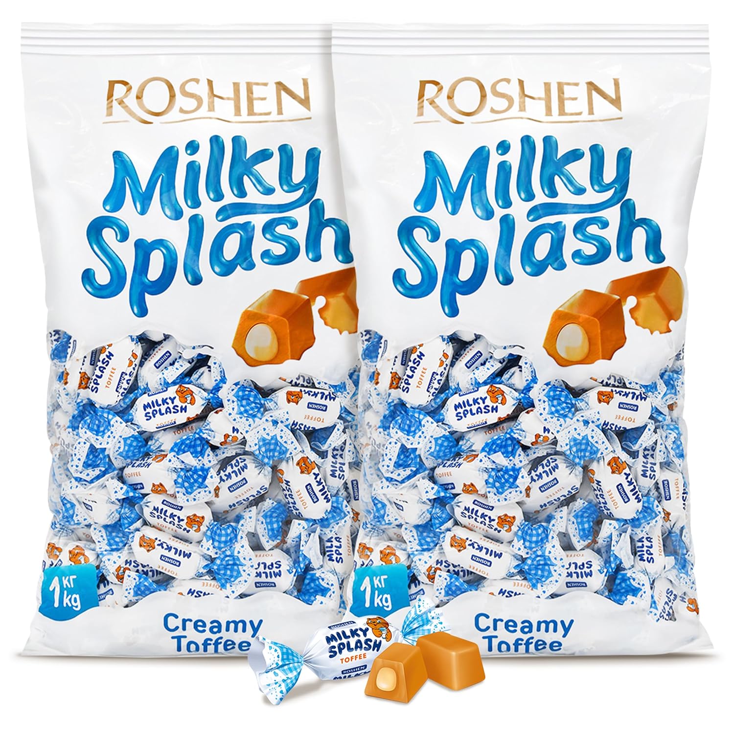 Roshen Milky Splash Toffee Candy, Creamy Toffee with Milk Filling, 2.2 Lb (1 kg) Individually Wrapped Smooth Dairy Toffee Delight, Kosher, Halal (Pack of 2)