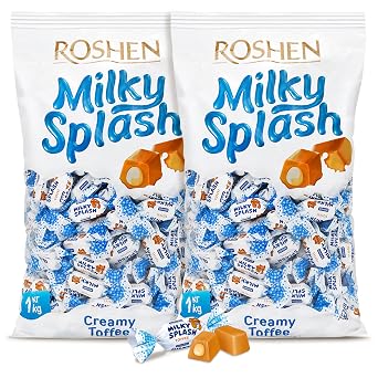 Roshen Milky Splash Toffee Candy, Creamy Toffee with Milk Filling, 2.2 Lb 1 kg Individually Wrapped Smooth Dairy Toffee Delight, Kosher, Halal Pack of 2