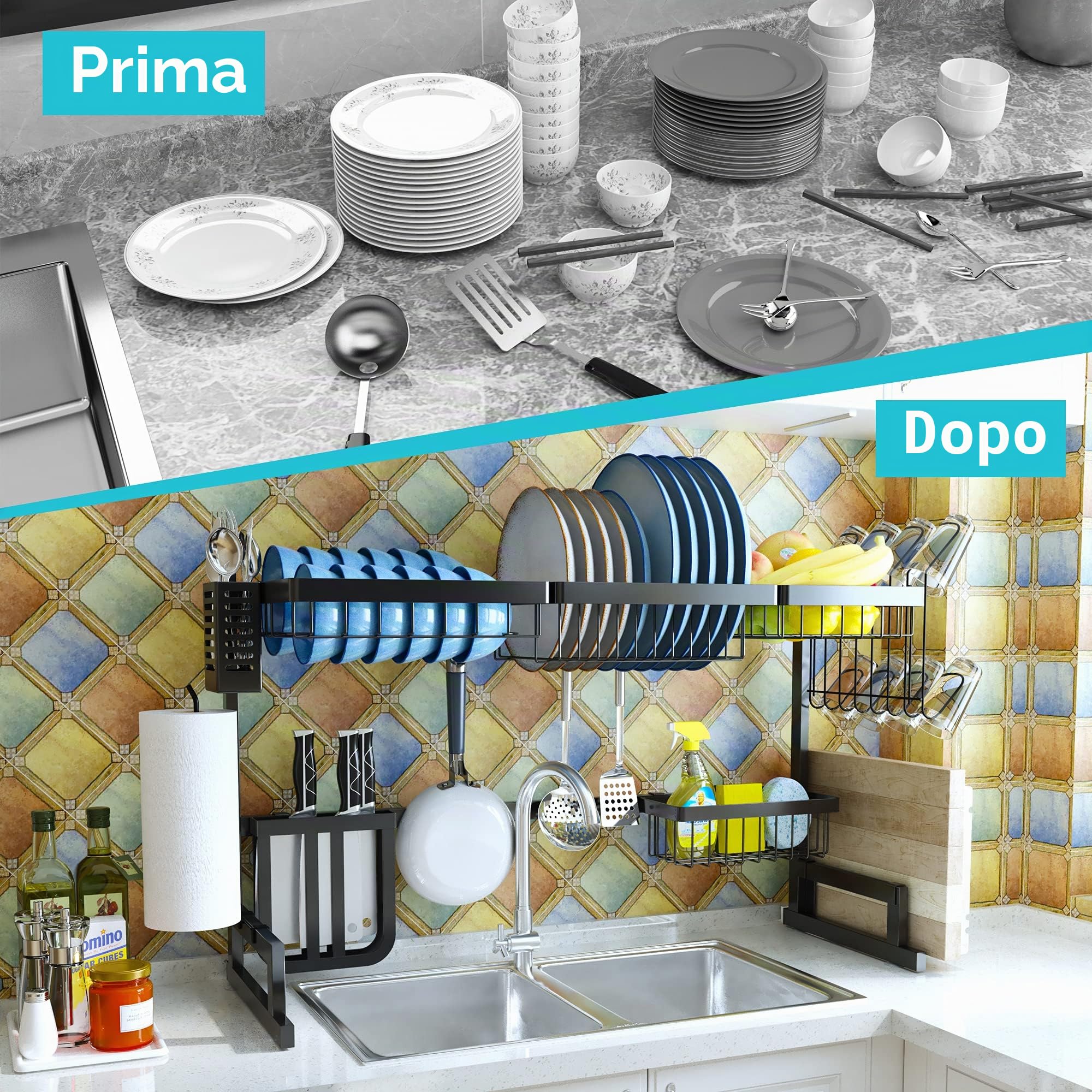 Scolapiatti sopra il lavandino - In acciaio inox regolabile (33 "-40") grande rack per stoviglie organizer da cucina salvaspazio mensola porta utensili scolapiatti