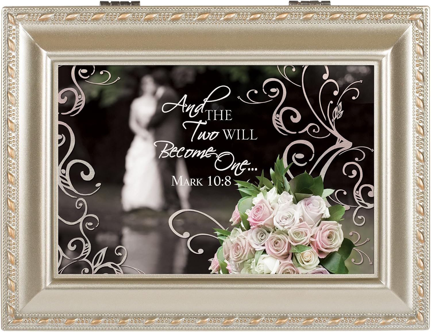 Cottage Garden with This Ring Silvertone Rope Trim Jewelry Music Box Plays Unchained Melody
