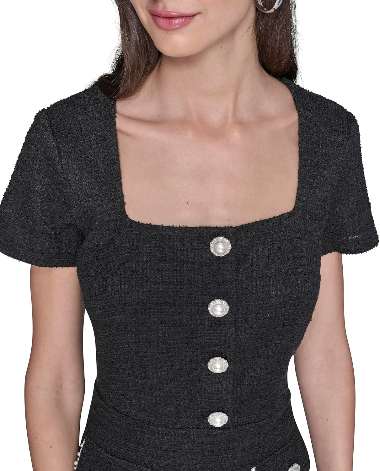 Karl Lagerfeld Womens Short Sleeve Stretch Texture Knit Tweed A-line Dress - Image 5