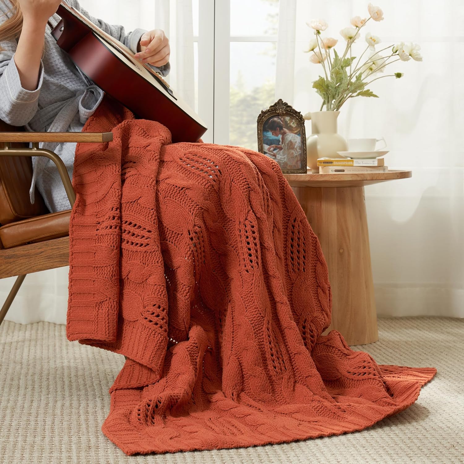 Amélie Home Chunky Knit Throw Blanket, Dual-Sided Soft Chenille Breathable Cable Knitted Blanket for Couch, Farmhouse Decorative Throw for Sofa & Chair, 60"x80", Burnt Orange - Image 5