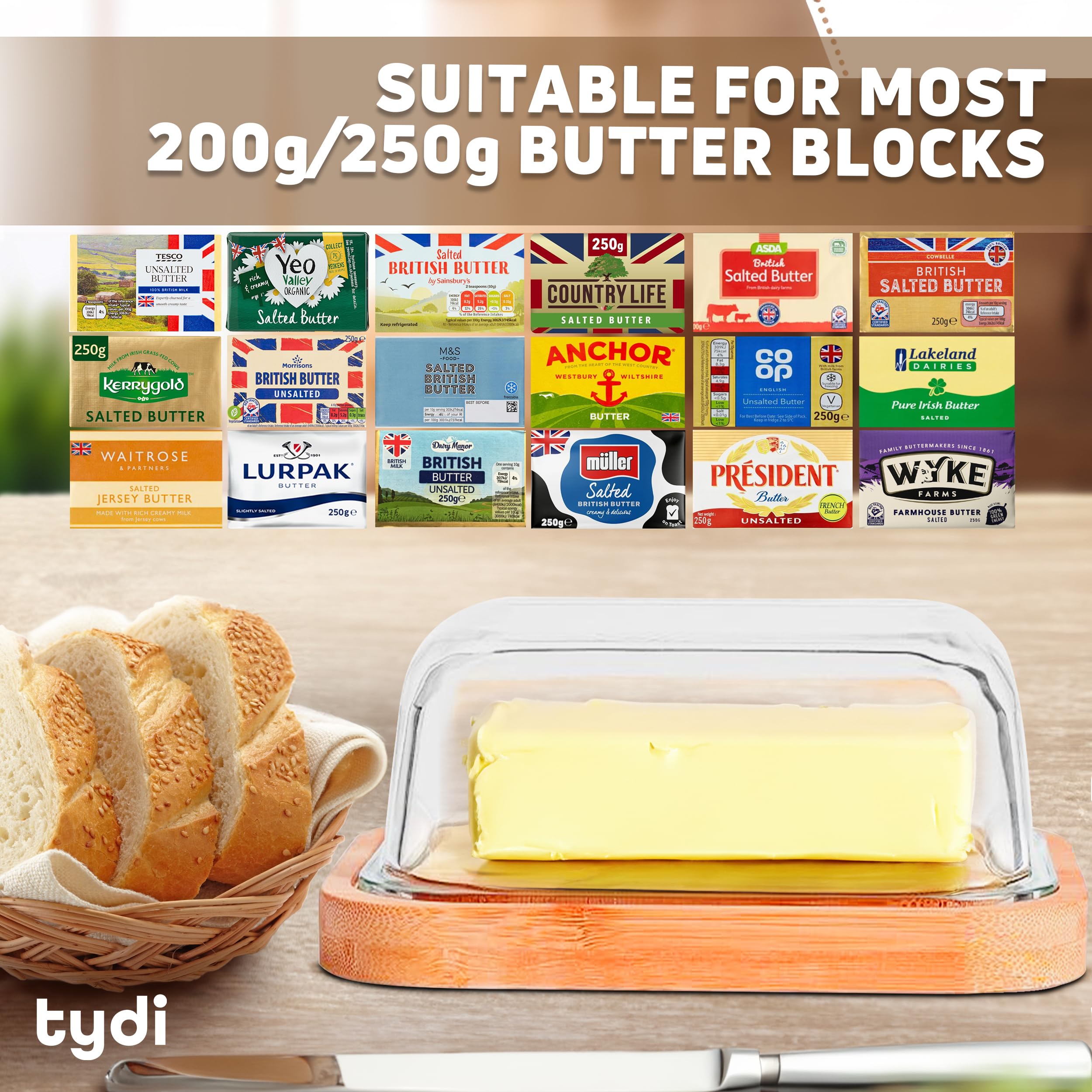 Tydi Glass Butter Dish with Lid & Bamboo Base, 10.5 x110x7cm (200g up to 250g Capacity) Butter Tray for Fresh Storage - Image 2