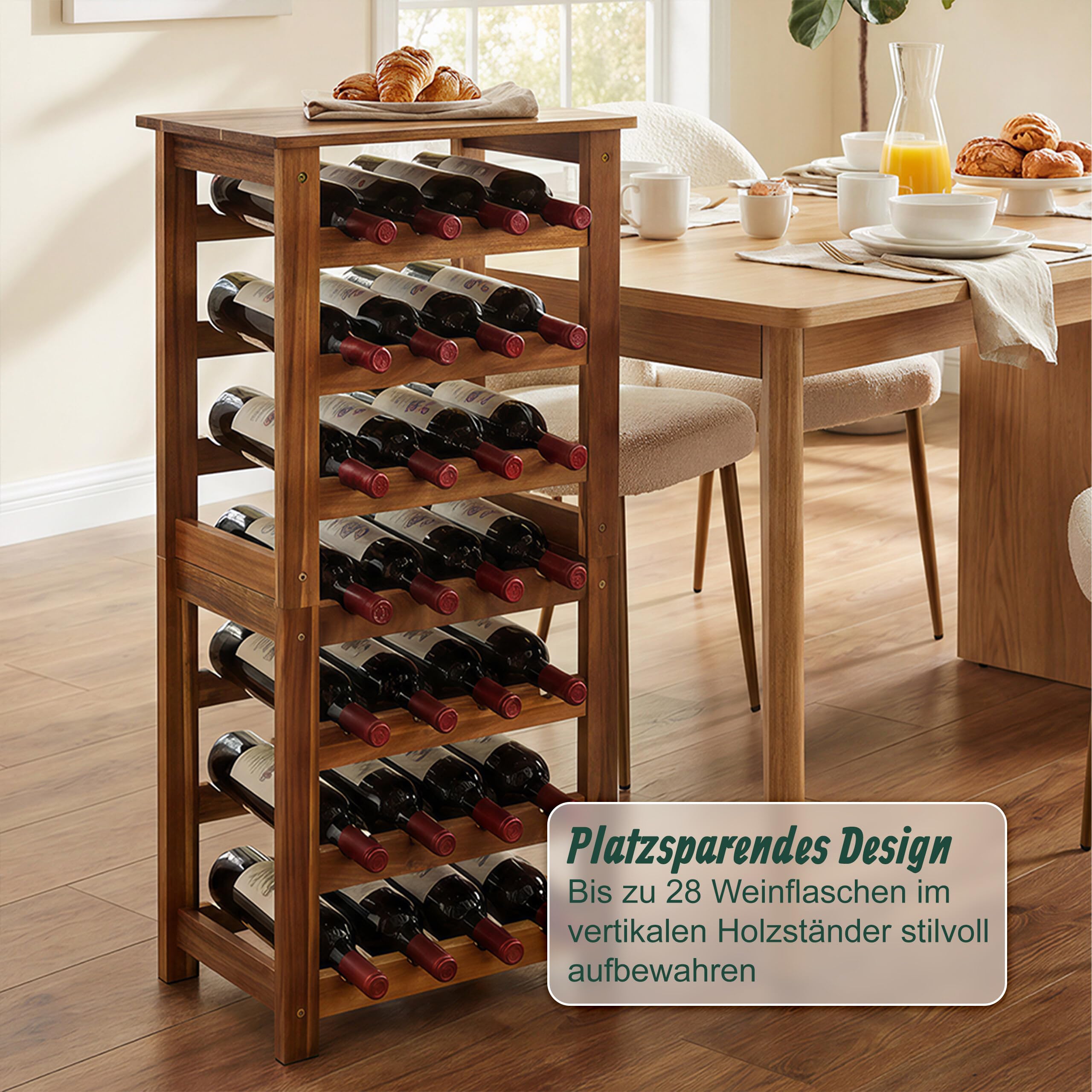 Relaxdays Weinregal, 28 Flaschen, Akazienholz, 91,5 x 43 x 22 cm, Weinhalter für Rot- & Weißwein, Flaschenregal, Natur