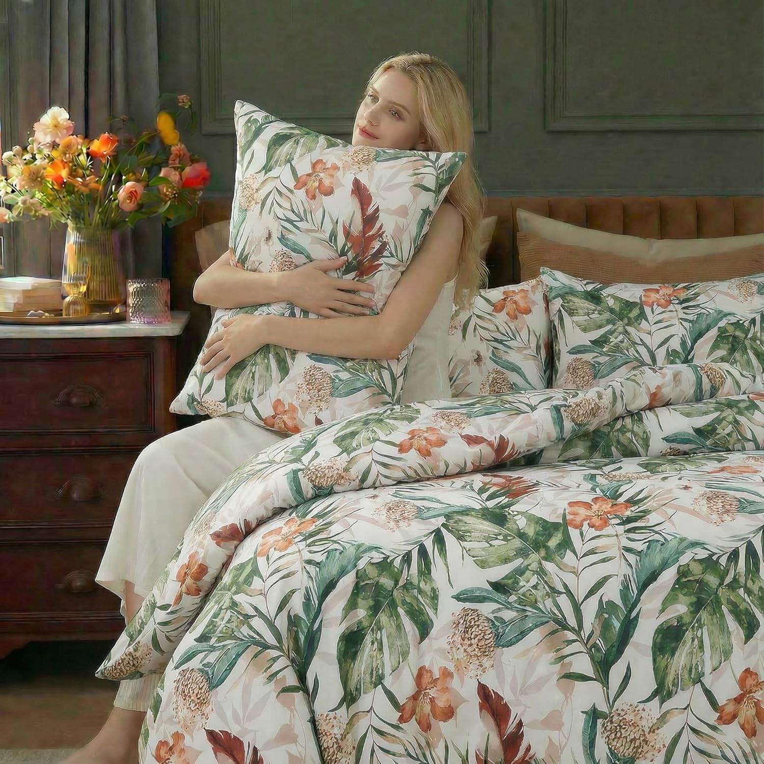 Bedding_Dreamer 100% Cotton Comforter Set Floral King Bedding Green Palm Leaf Comforter Set Botanical Home Decor 3 Pcs with 2 Pillowcases Reversible for All Season - Image 2