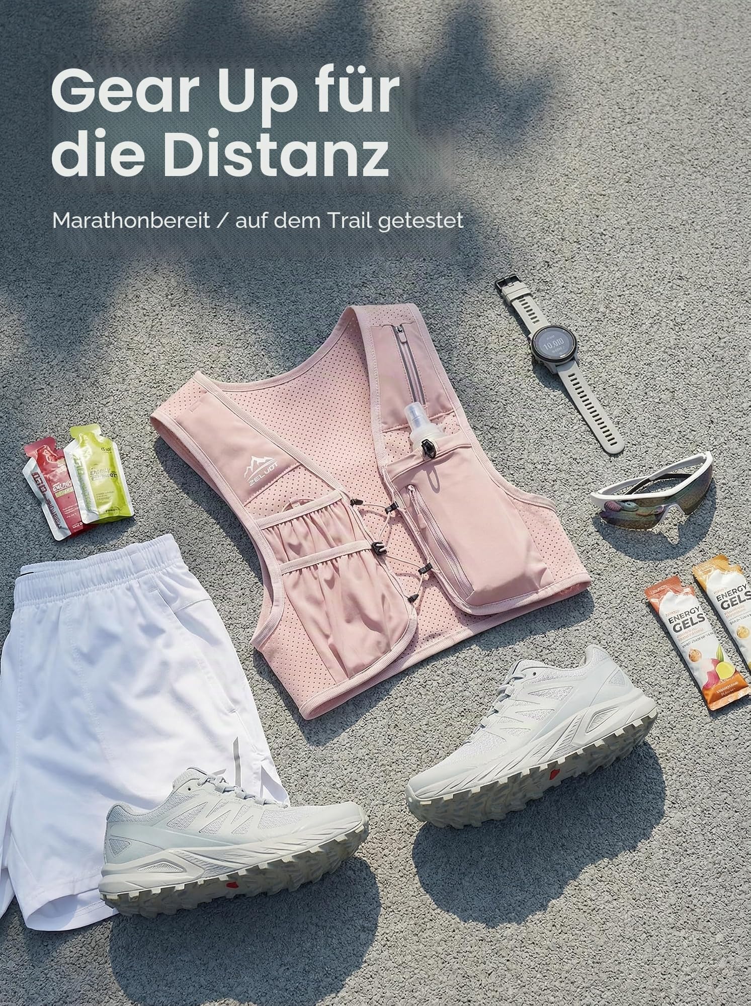 Zelvot Laufweste für Damen und Herren, USA-Patent, verstellbare Brustgurte, Lauf-Trinkweste mit 500 ml weicher Flasche, leichter reflektierender Trinkrucksack für Wandern, Marathon (Rosa, M/L)