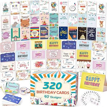 feela Birthday Cards Bulk, 320 Pack 40 Designs Happy Birthday Card Assortment Box with 320 Blank Envelopes, 336 Pieces of Stickers, 12 Washi Tapes, Greeting Cards for Employees Family, 4 X 6