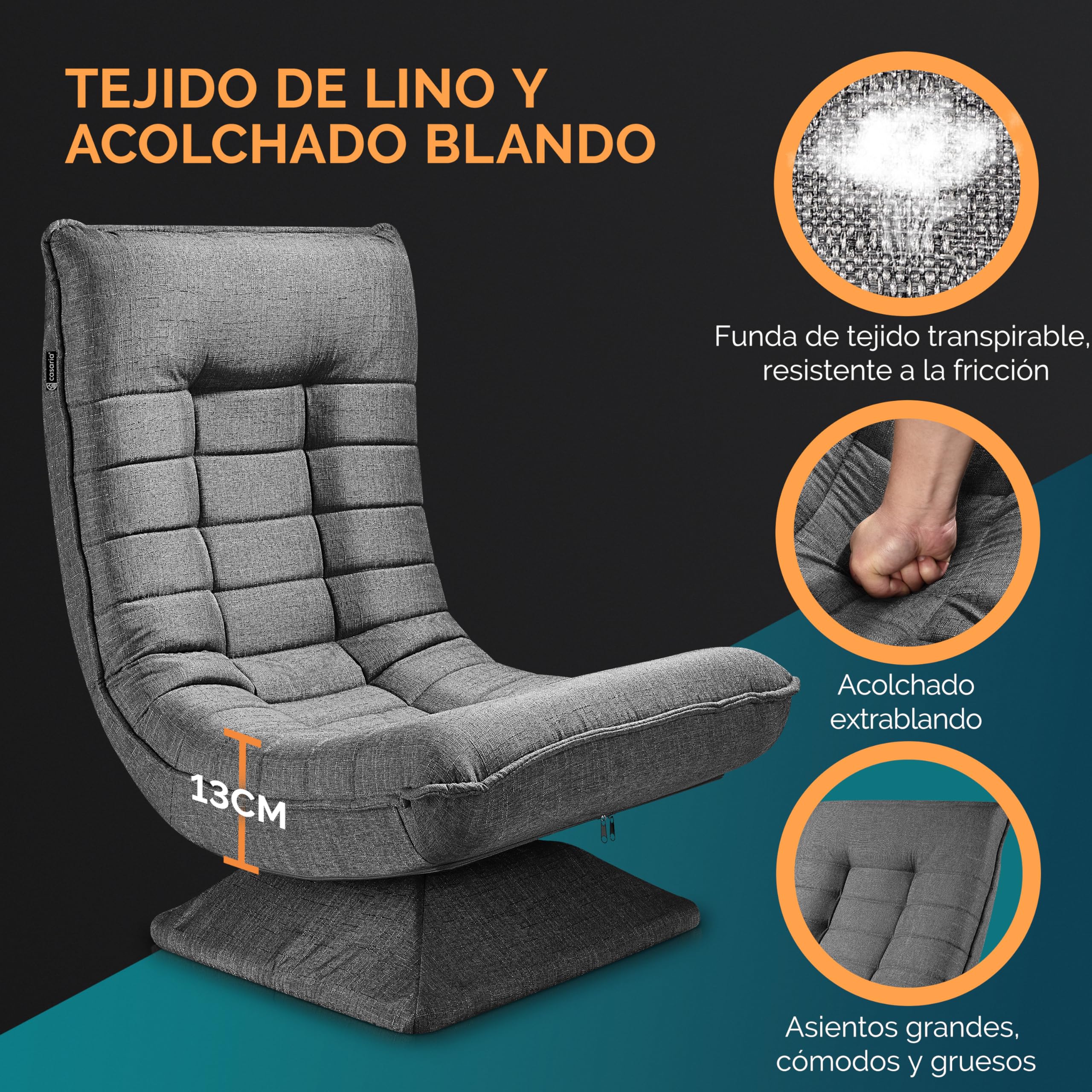 CASARIA® Sillón Relax Respaldo Ajustable 5 Posiciones Ergonómico Giratorio 360° Manual Carga 150kg Silla de Suelo Plegable Tapizado Gris 60x105x87cm