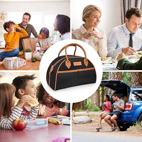 Miniatura 5 de Tirrinia Bolsa de almuerzo aislada para mujer, lunares negros, rectangular, cierre de cremallera, 10 x 6 x 7 pulgadas, 6.8 L, 3 compartimentos,