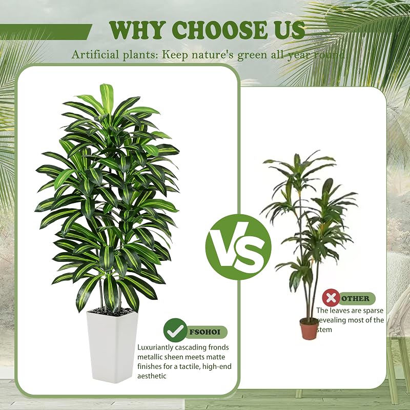 FSOHOI 180cm Műanyag Dracaena Fa Fehér Kaspóval Trópusi Dekoráció Lakásba - 22.9 cm, 1, White Tall Planter