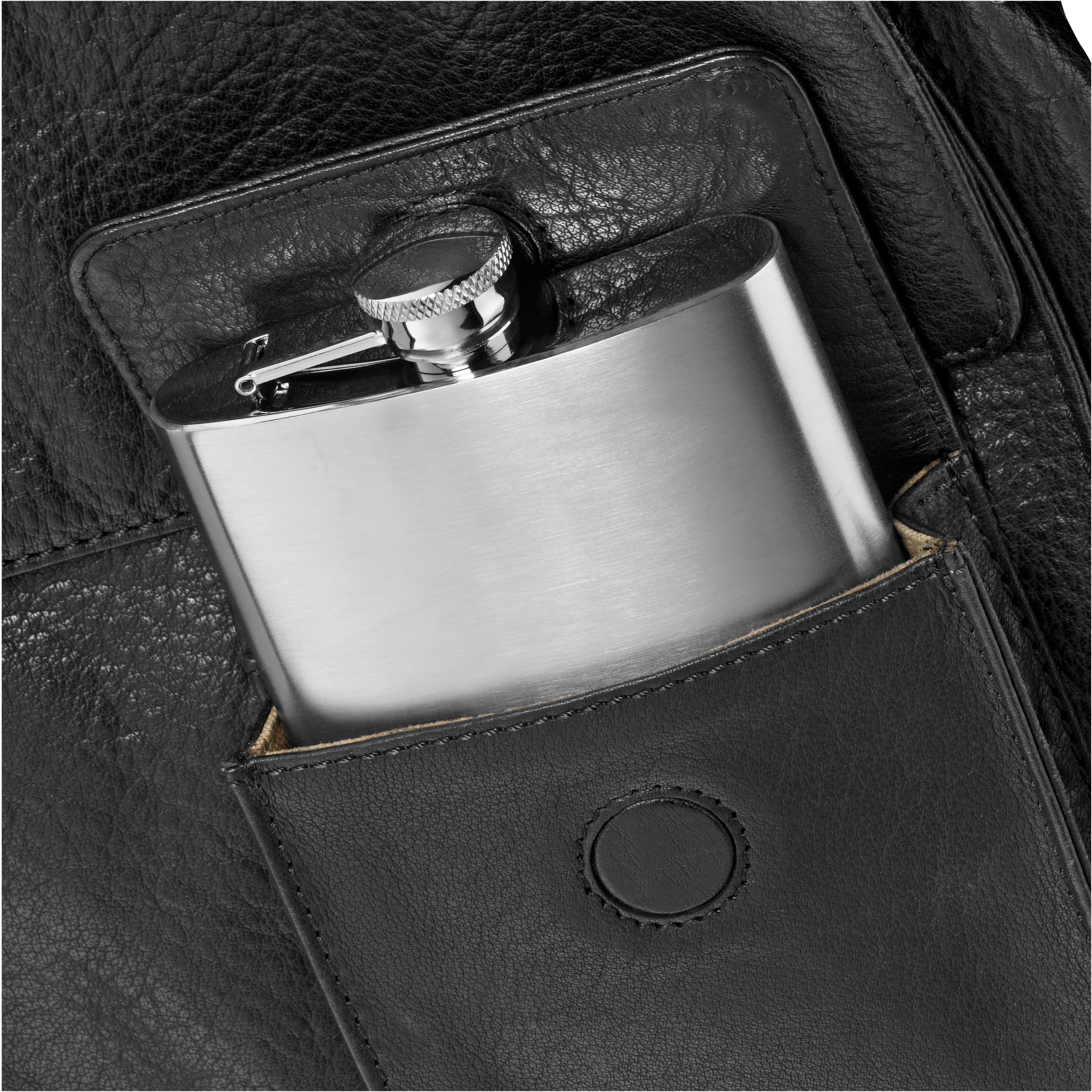 WMF Manhattan - Petaca de Acero Inoxidable 6 Piezas, Petaca de 200 ml, Embudo, estampador en estuche de cuero, Acero Inoxidable Cromargan Mate