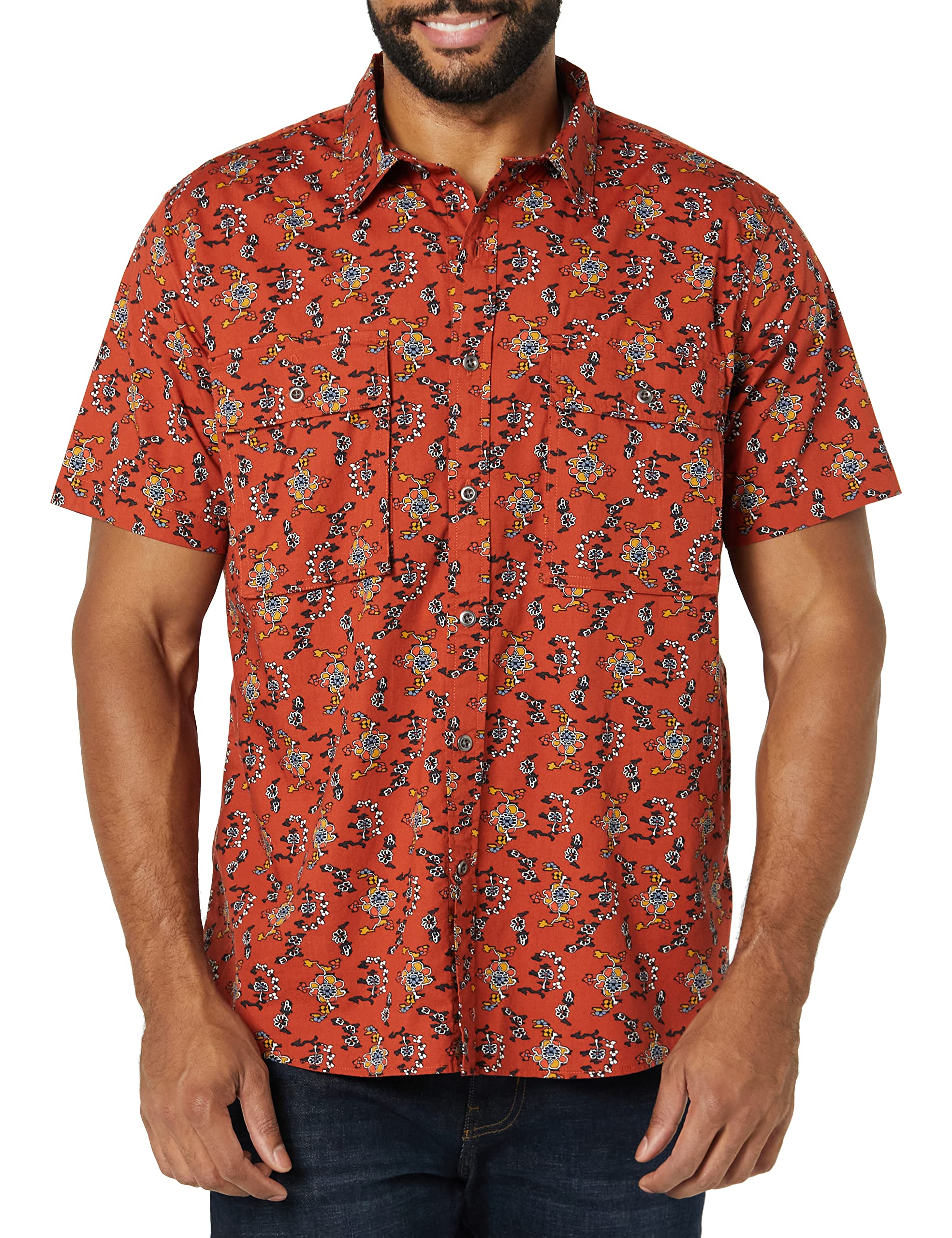 Amazon Essentials Men's Standard-Fit Short-Sleeve Two-Pocket Utility Shirt, Clay Floral Print, X-Large Tall