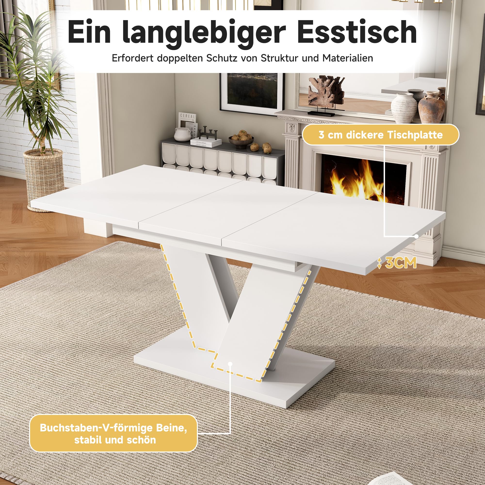 Mesa de comedor extensible 120/160 x 80 x 75,5 cm, adecuada para 4-6 personas, mesa rectangular de madera, mesa de madera gruesa, patas en forma de V, mesa de comedor extensible, color blanco