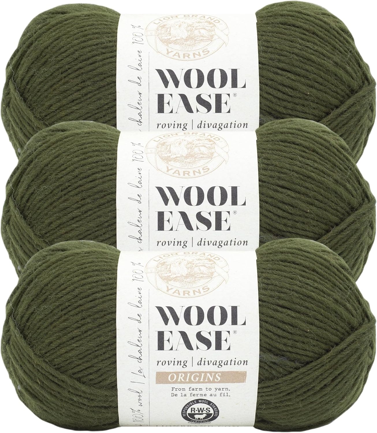 Lion Brand Yarn Wool-Ease Roving Origins, 100% Wool Yarn for Knitting and Crochet, Olive, 3 Pack