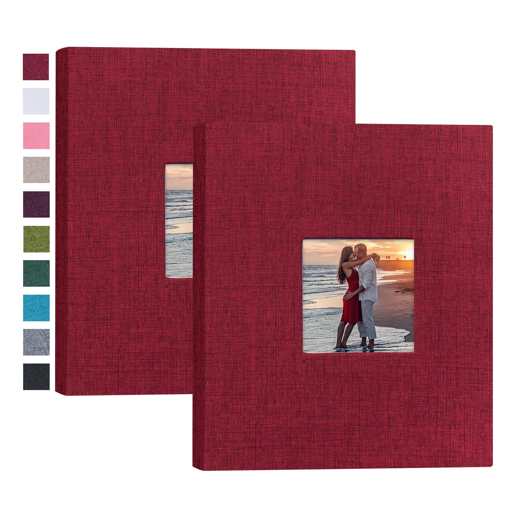 Mublalbum Mały album na zdjęcia 20 x 25 cm, lniany pokrowiec z okienkiem, mini książka na zdjęcia, każdy pomieści 52 pionowe kieszenie na pocztówki lub do przechowywania zdjęć, 2 szt., czerwone