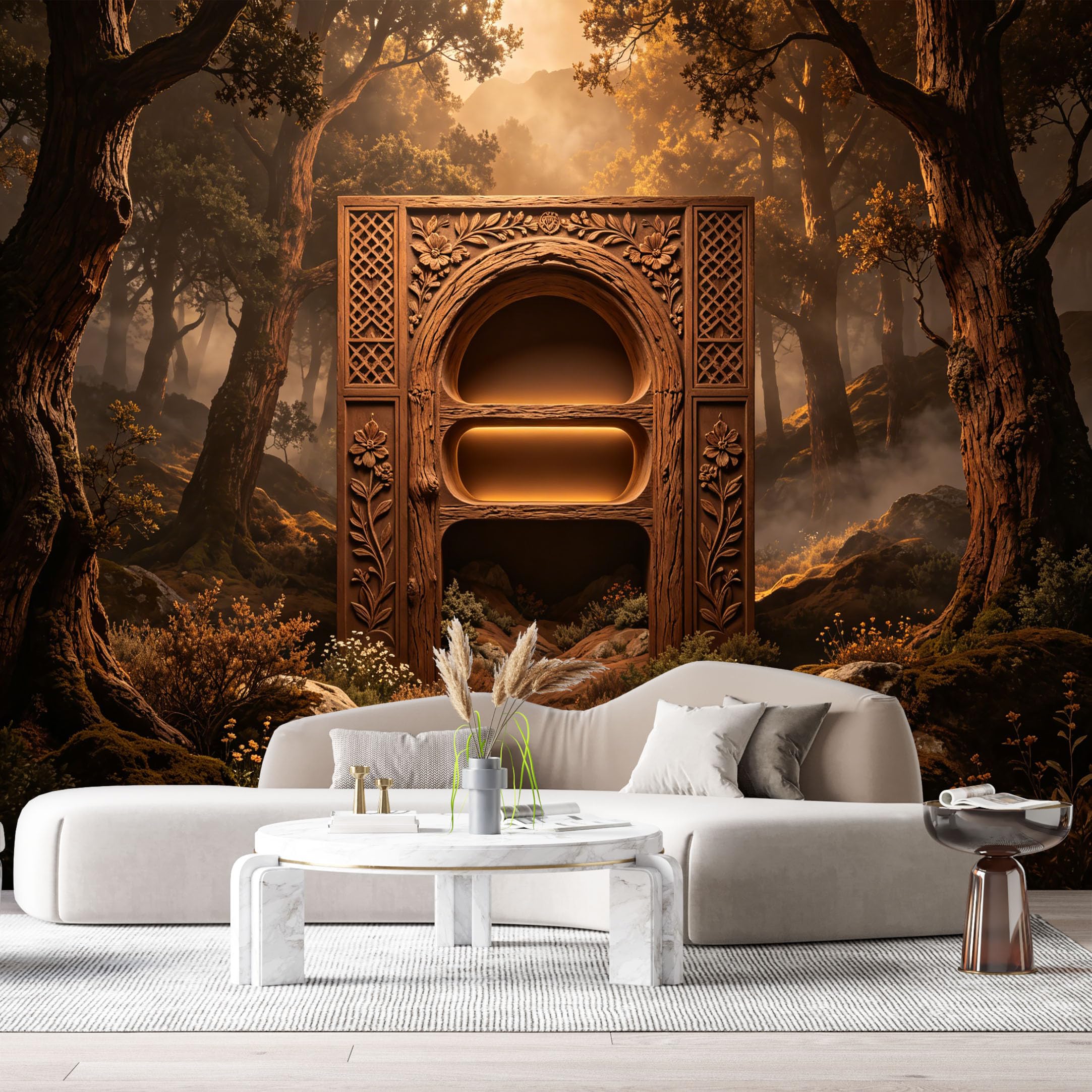 Custom Size Wall Murals Forest Misty Dawn Ornate Archway 3D Trompe L'Oeil SelfAdhesiveWall Fabric Removable Wallpaper Wall Decor for Living Room Bedroom Bathroom