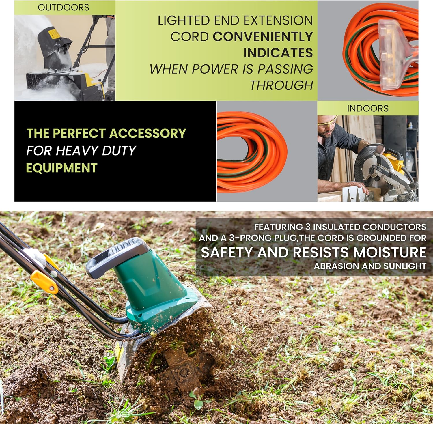 GoGreen Power (GG-15250) 12/3 50’ SJTW 3-Outlet Heavy Duty Extension Cord, Lighted End, 50 Ft