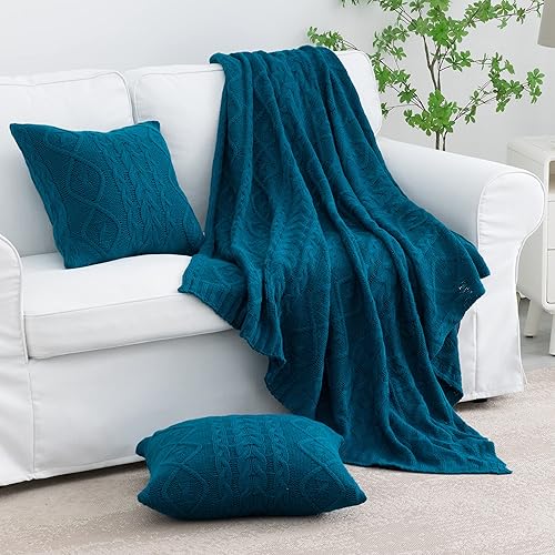 MILVOWOC Manta de acrílico óxido y 2 fundas de almohada, 50 x 60 pulgadas, diseño clásico de punto trenzado, acogedora y transpirable, para todas