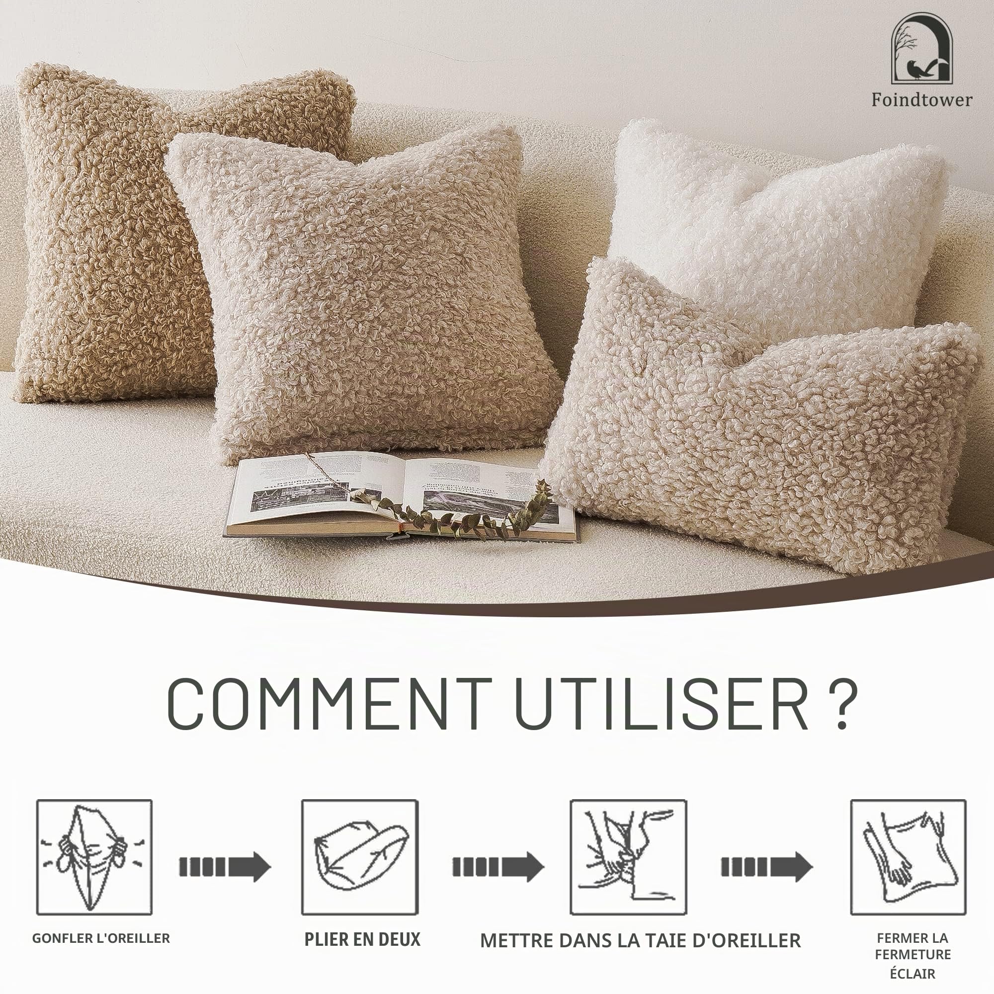 Foindtower Lot de 2 housses de coussin décoratives en peluche bouclée, effet fourrure, pour lit, canapé, salon, 40,6 x 40,6 cm, écru neutre