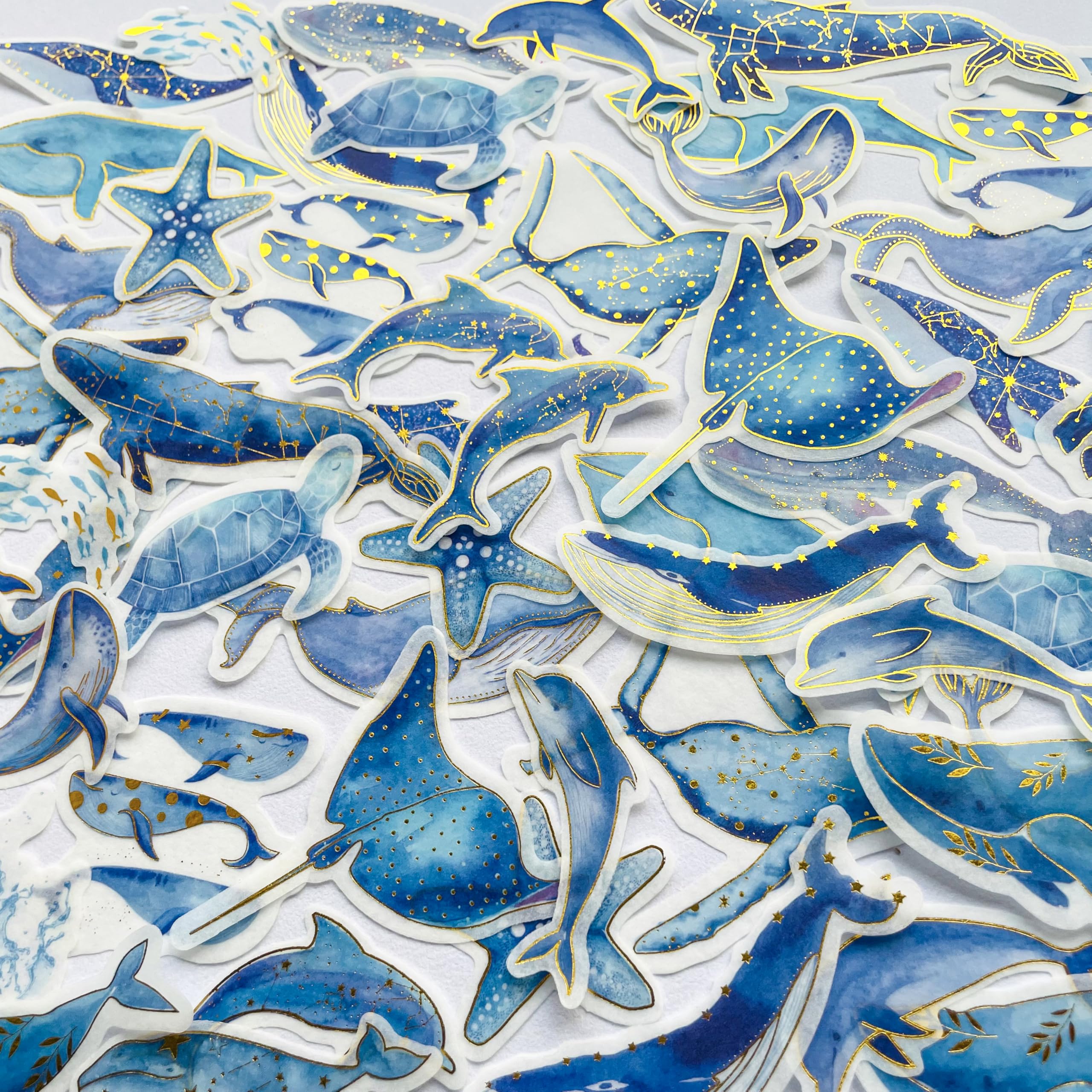 Yoksas 60Pcs Blue Whale Fantasy Ocean Washi Stickers - Aesthetic Bronzing Sea Life Dolphin Turtle Scrapbook Craft Stickers for Junk Journals, Planners, Collage Album