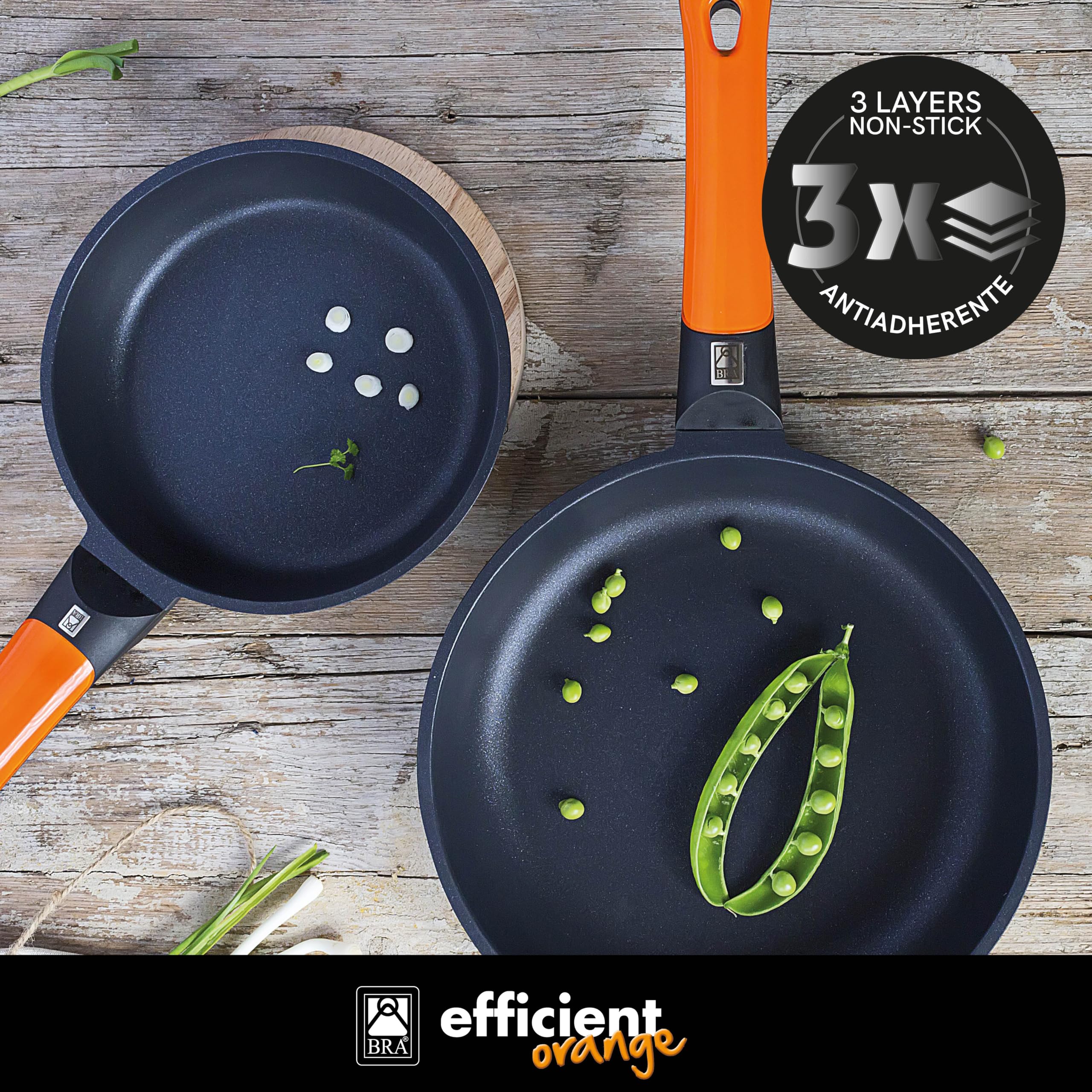 BRA Efficient Orange | Padella fonda 28 cm, alluminio fuso | Antiaderente Platinum Plus, Senza PFOA, Adatta a tutti i tipi di piani cottura, induzione inclusa