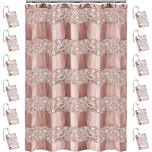 Popular Bath Sinatra Bath Set, Shower Curtain with 12 Shower Hooks, Blush