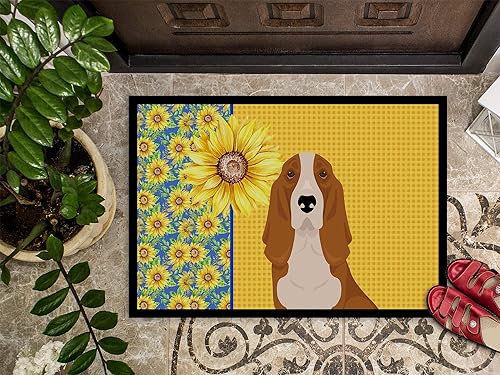 Miniatura 3 de Caroline's Treasures WDK5326JMAT - Tapete tricolor con diseño de girasoles de verano rojo y blanco de Basset Hound de 24 x 36 pulgadas, tapete para