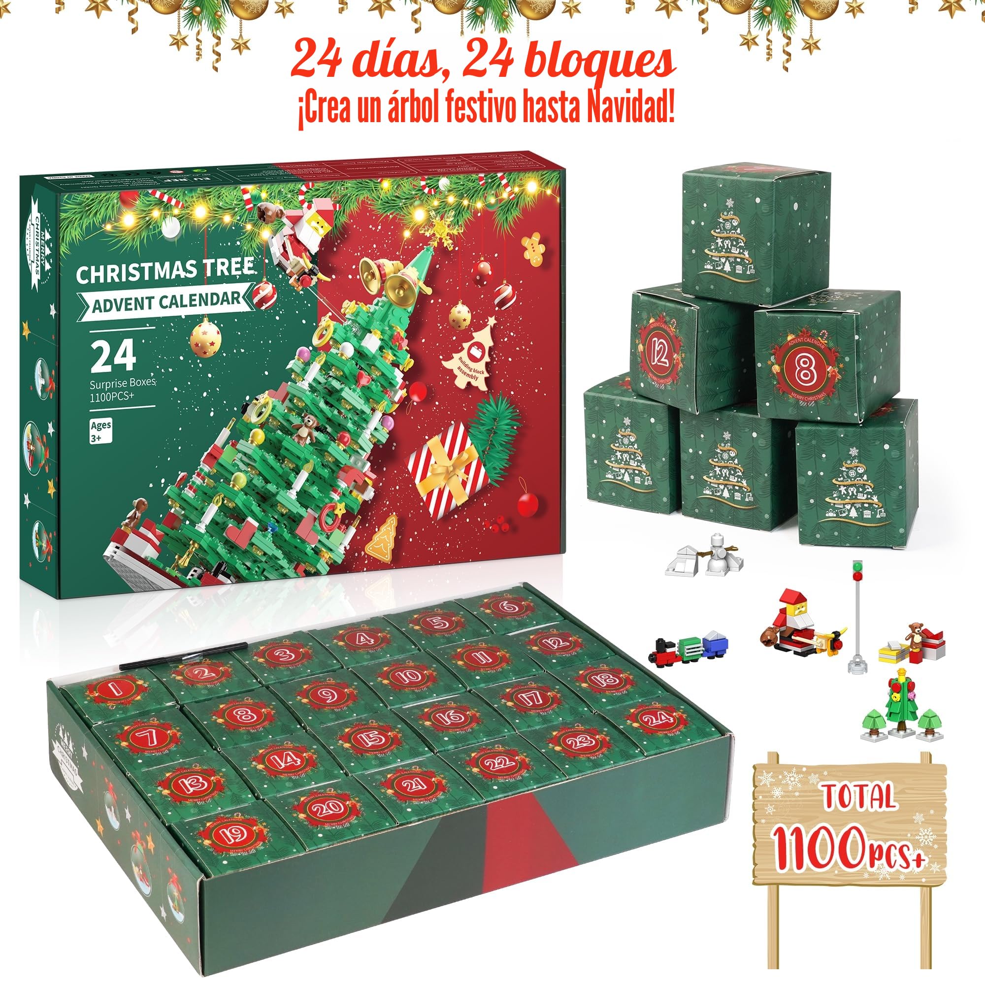 Joozmui Calendario de Adviento 2026 para niños, juguetes para el árbol de Navidad, juguetes para la cuenta atrás de Navidad, calendario de Navidad con más de 1100+ piezas, regalo para niños y niñas