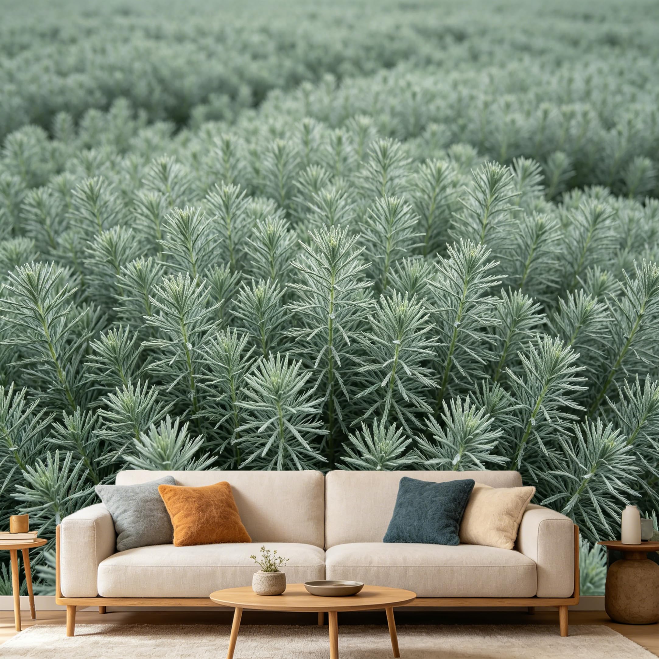 Custom Size Wall Mural Botanical Pine Needle Foliage Silver Green Leaf SelfAdhesive Art Prints wall Fabric(No PVC) Removable Wallpaper Home Bedroom Decor Modern Minimalist Wall Art