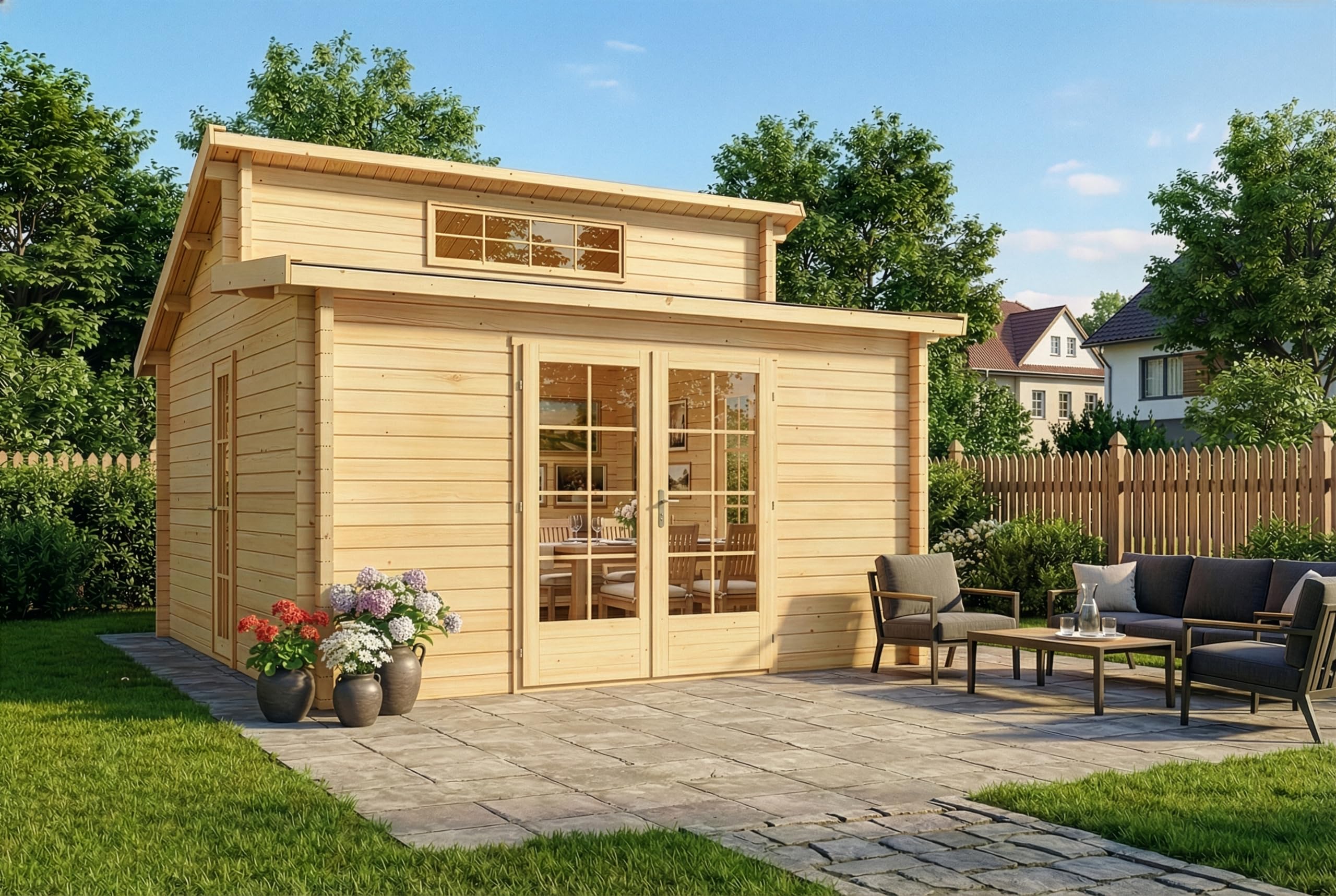 Alpholz Gartenhaus Lausitz ISO mit Doppel-Pultdach aus naturbelassenem Holz mit 40 mm Wandstärke