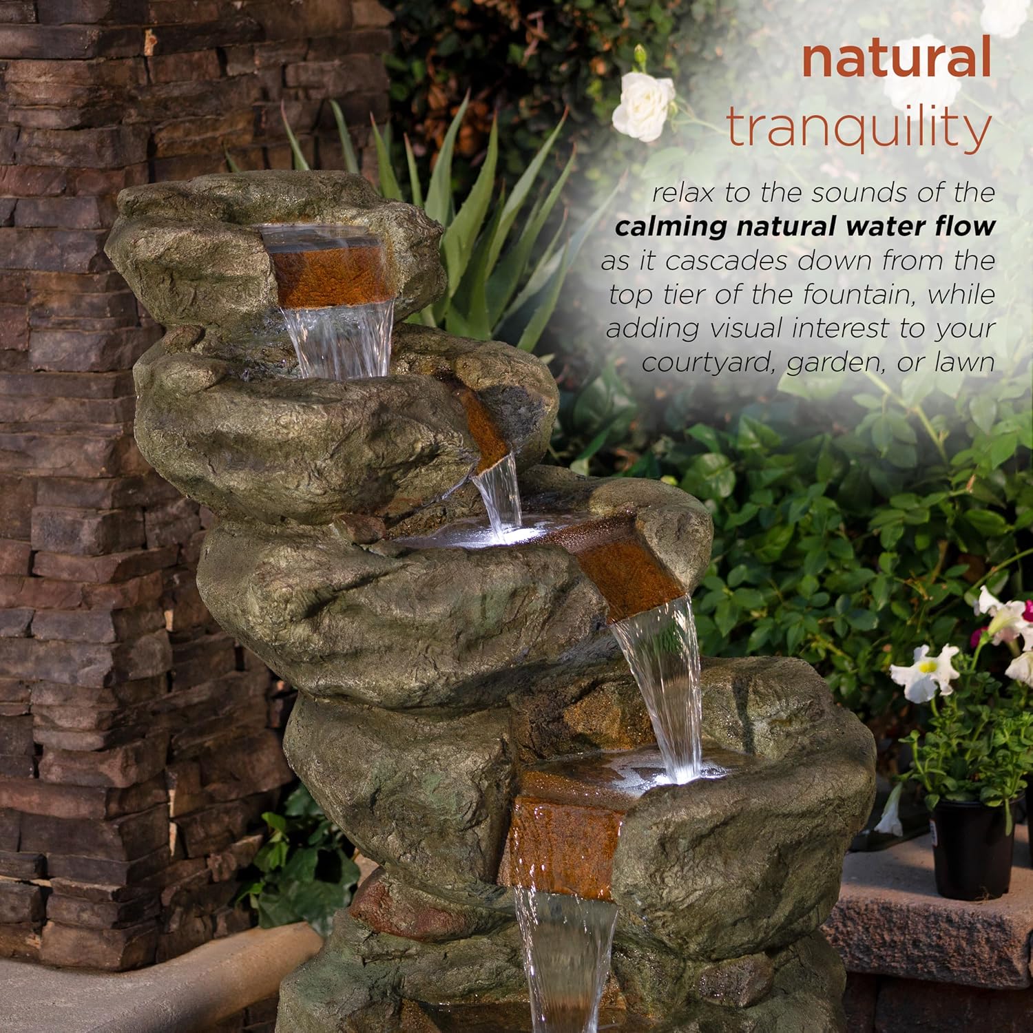 Alpine Corporation TZL106 48" Rock Waterfall Fountain with LED Lights - Outdoor Floor Water Feature for Garden, Patio, and Backyard Decoration, Gray