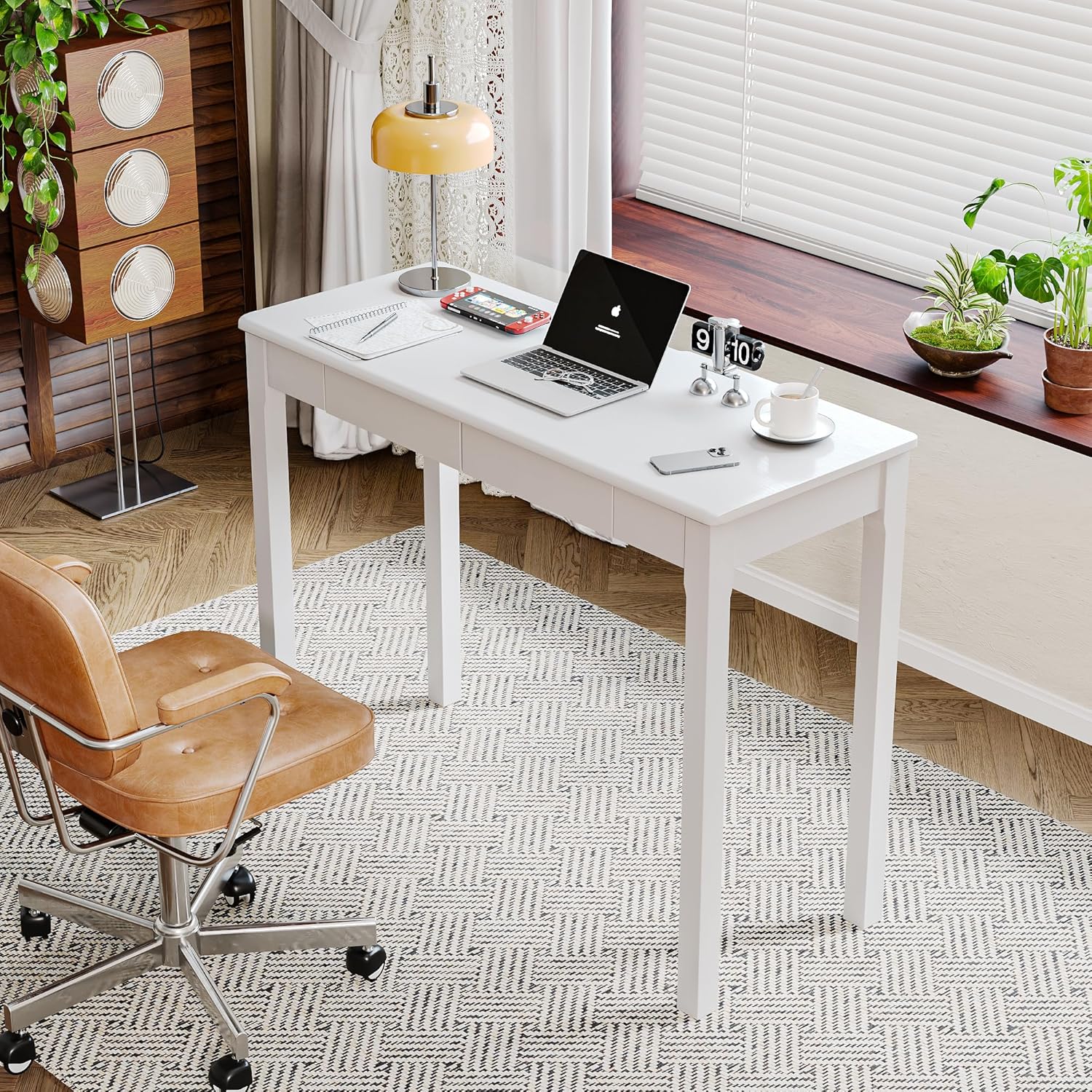 Solid Wood Desk with Drawers - 39 x 16 Inch Narrow Desks, Mid Century Modern Desks, Rubber Wood Study Table, Small Writing Desk for Small Spaces|Bedroom - White