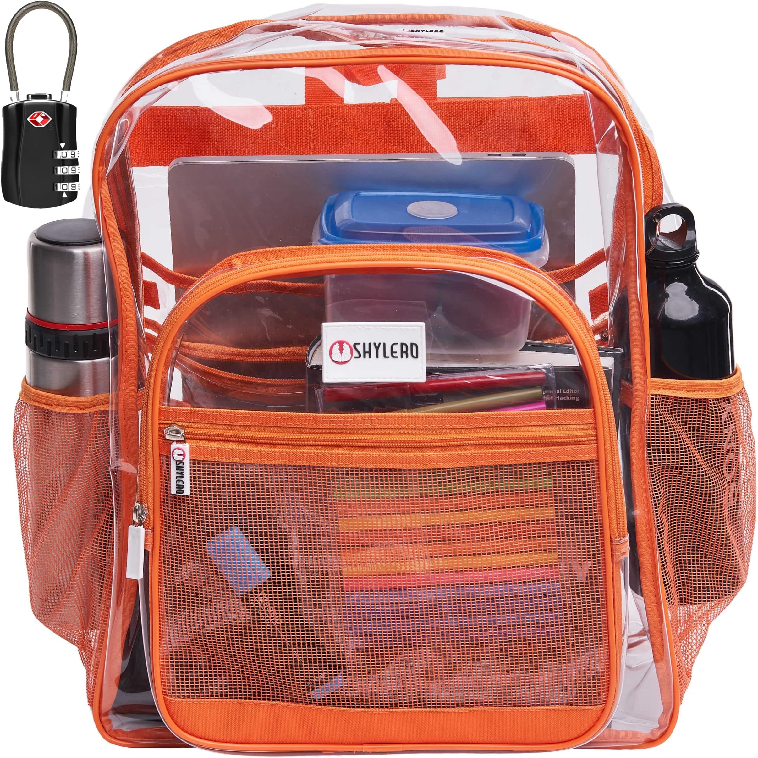 SHYLERO Clear Backpack For Work XL. Heavy Duty Backpack has TSA Lock, 2-WAY Zip, Transparent PVC - H18''xW14''xD8