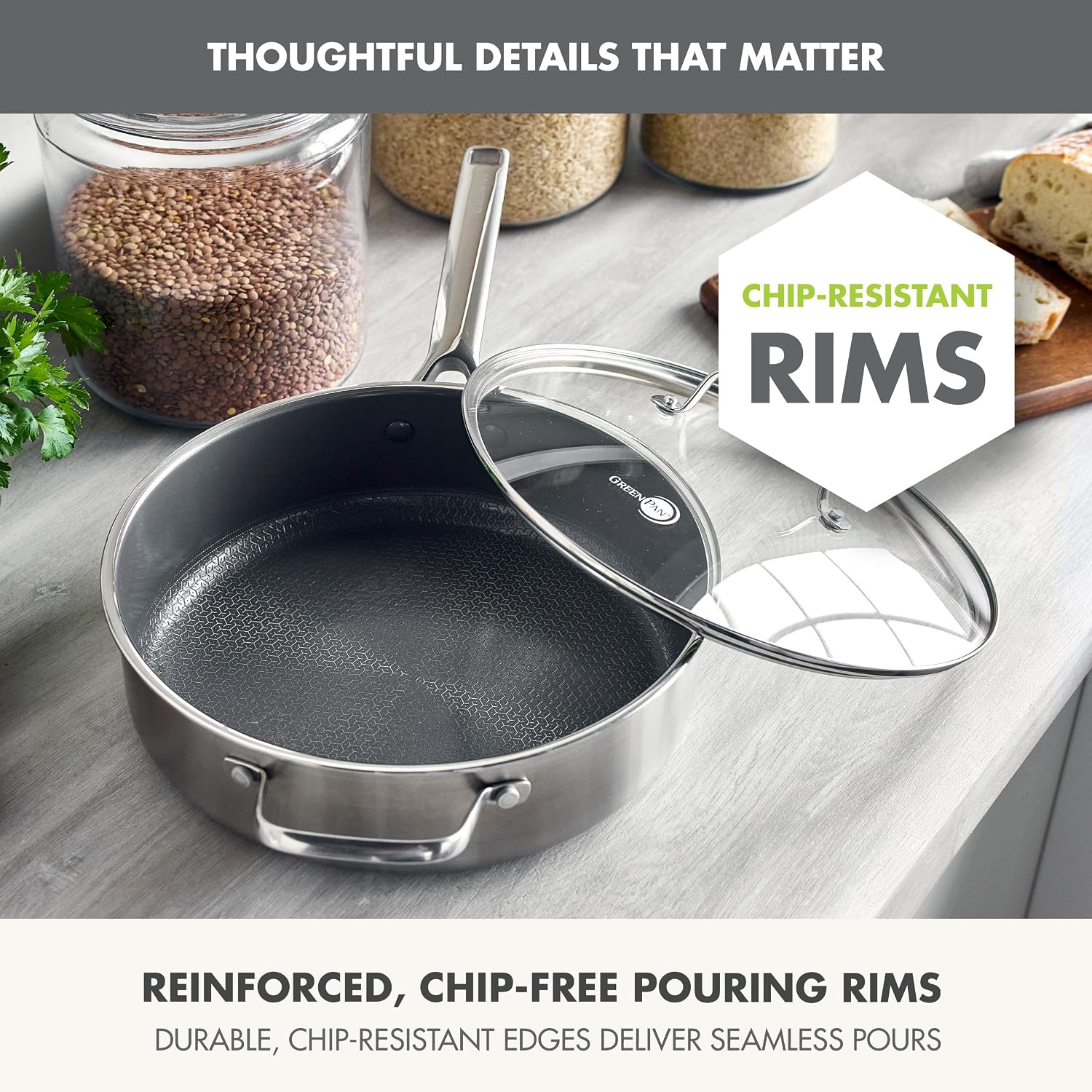 GreenPan Hybrid 5QT Stainless Steel Saute Pan with Lid, Ceramic Nonstick