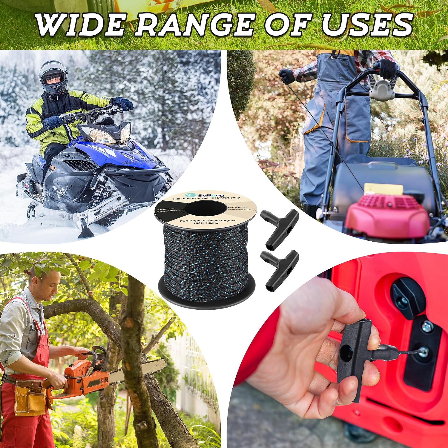 4.5mm 100' Starter Rope, Pull Cord Rope for Small Engine with 2 Starter Handle, Diameter High wear Resistant, Low Stretch, Replacement for Lawn Mower Chainsaw Trimmer Edger Brush Cutter Engine