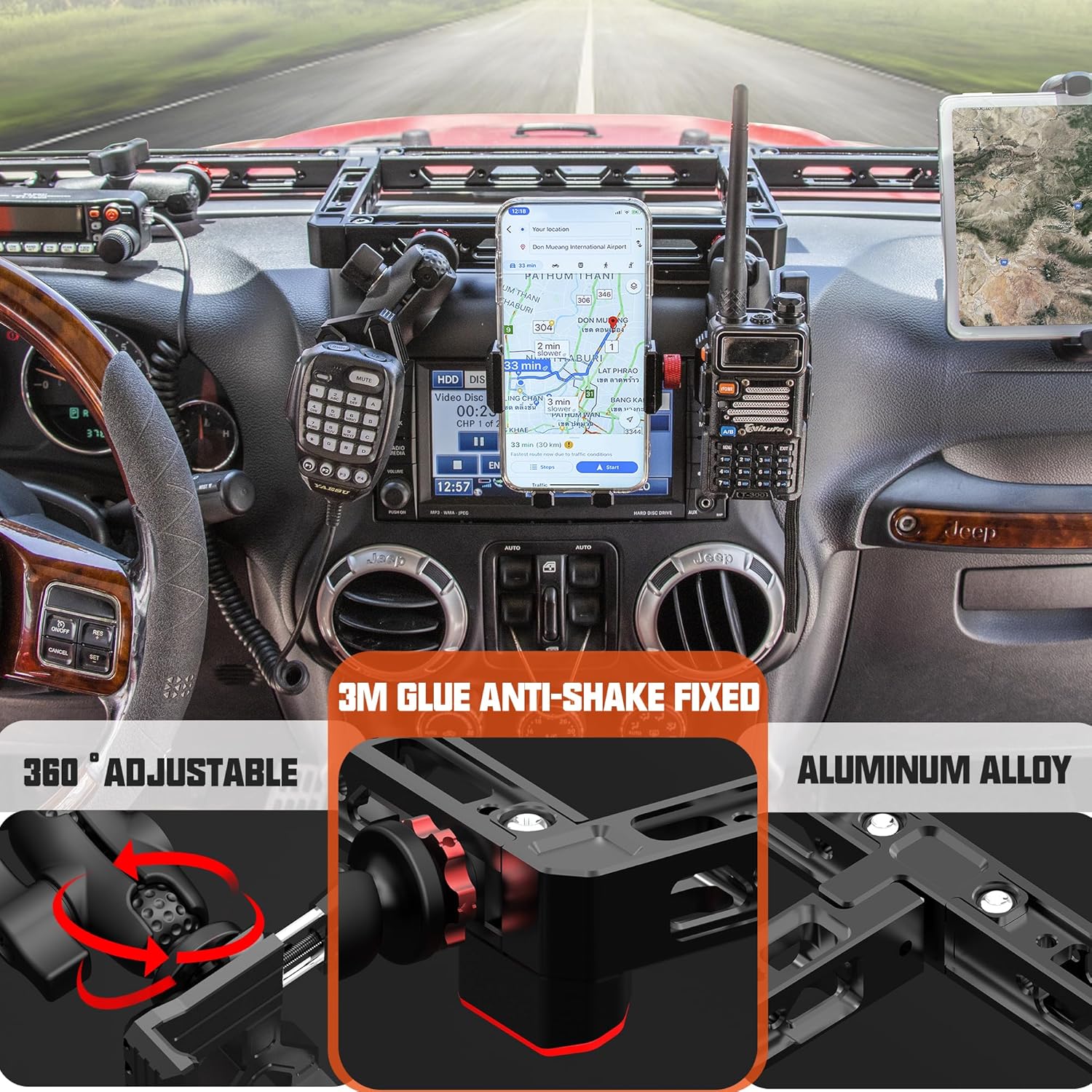 EASEORD Dash Mount Platform Phone Holder for 2007-2017 Jeep Wrangler JK JKU, Cellphone Dash Mount for Phone,Radio, Tablet,iPad,Handheld walkie Talks,for Gopro Insta360