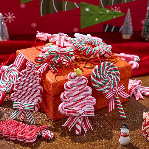 Miniatura 6 de JOIEDOMI 12 Piezas Adornos de Bastón de Caramelo de Navidad con Coronas, Paletas, Árboles de Navidad y Diseños de Bastones de Caramelo, Adornos para