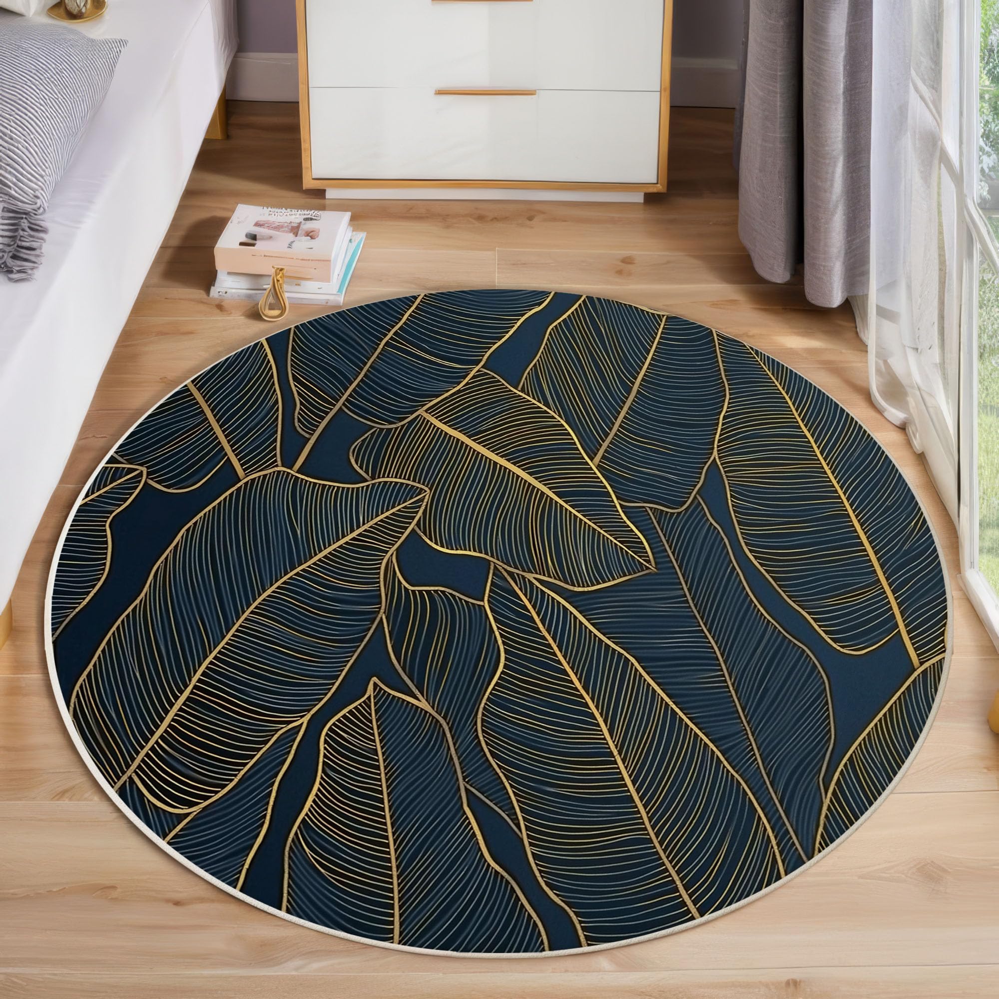 Tappeto Rotondo Salotto 100cm, Piante di lusso File di foglie di banano Tappeto Soggiorno Antiscivolo Pelo Corto, Tappeti Rotondi Lavabile Morbido Tappeti Camera da Letto Oro