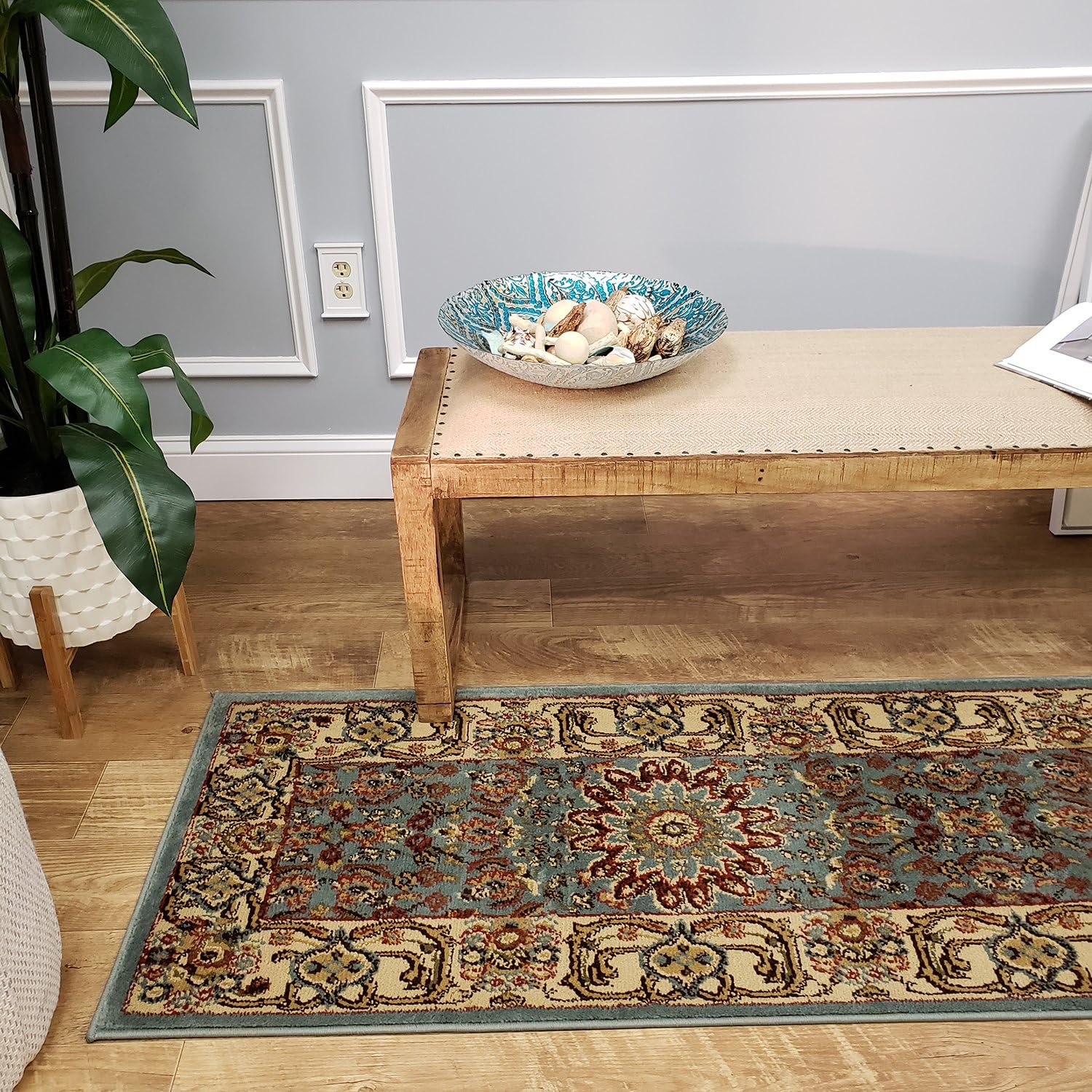 Maxy Home Traditional Hallway Runner Rug for Everyday Use, 2'7" x 10' (31 inch x 120 inch), Soft Touch, Lightweight, Ocean Blue (Greenish)
